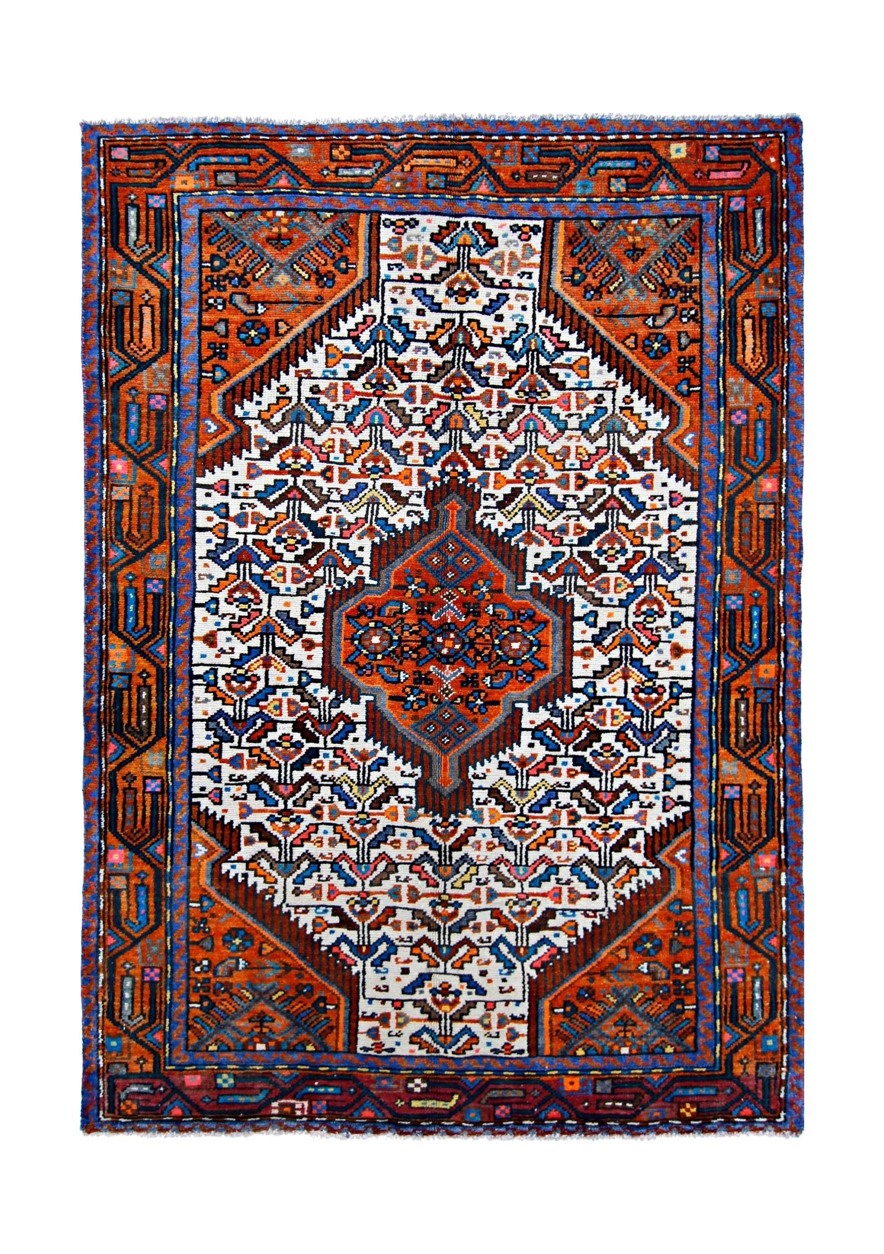 Handmade Vintage Persian Hamadan Rug | 154 x 108 cm | 5'1" x 3'6" - Najaf Rugs & Textile