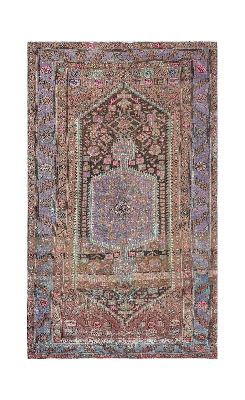 Vintage Persian Hamadan rug with intricate geometric patterns in brown, purple, and pink.
