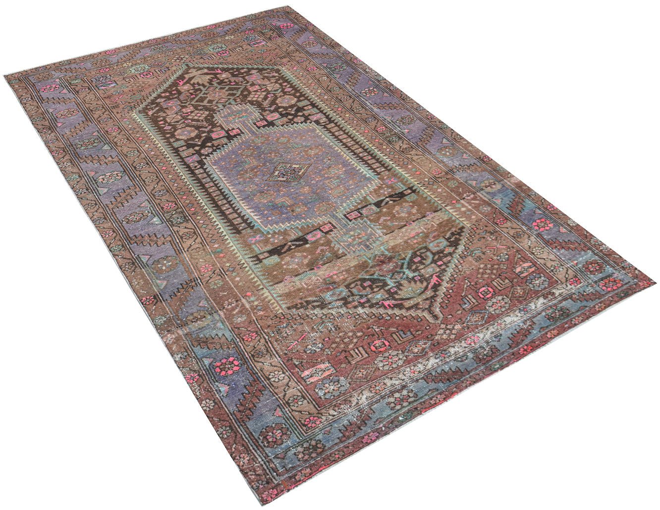 A vintage handwoven Persian Hamadan rug featuring a central medallion in muted brown and blue tones.
