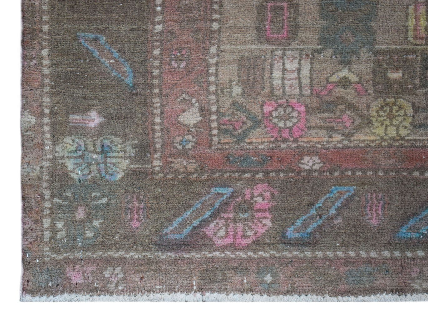 A vintage Persian Hamadan rug featuring a brown field with colorful geometric floral patterns.