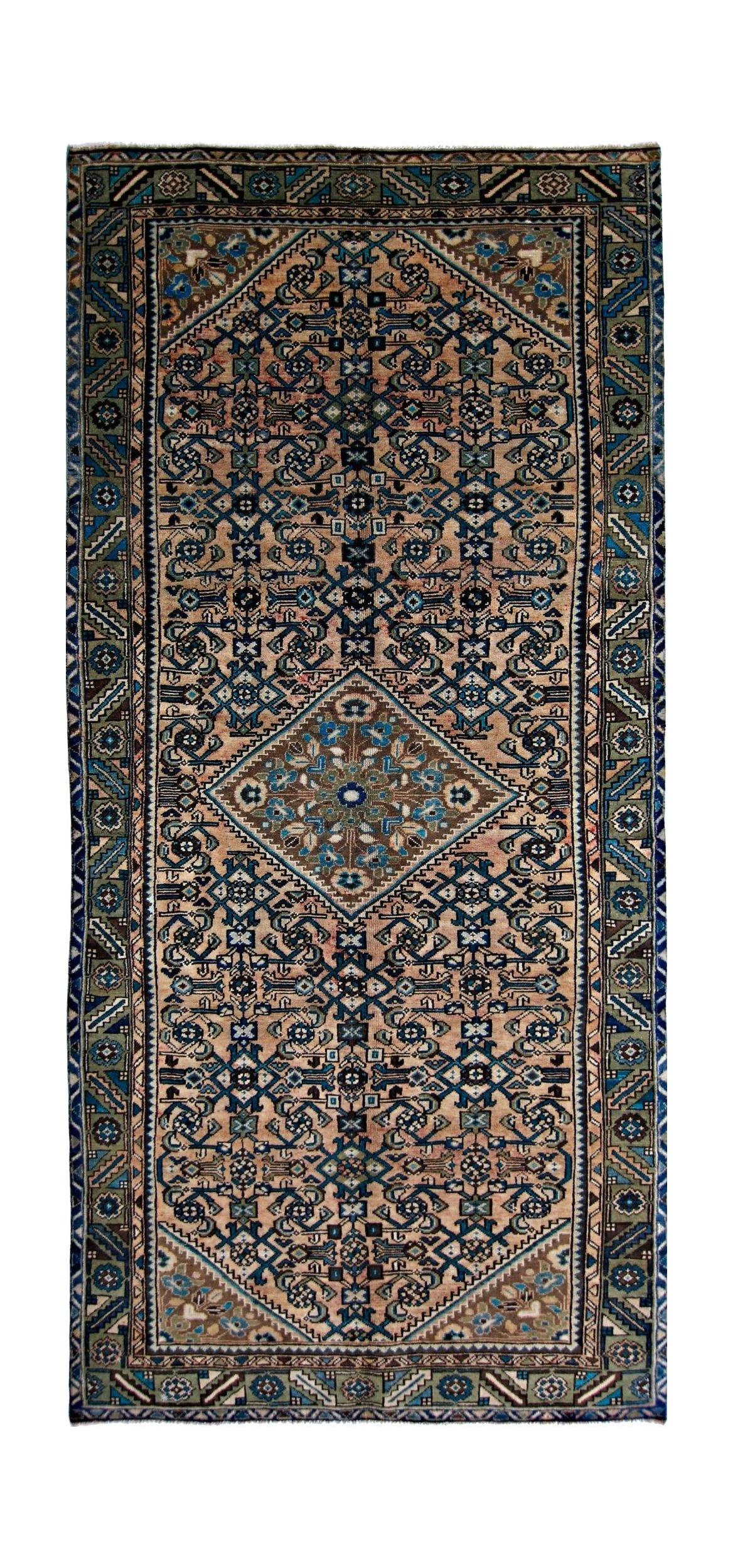 Handmade Vintage Persian Hossainabad Hallway Runner | 330 x 148 cm | 10'10" x 4'10" - Najaf Rugs & Textile