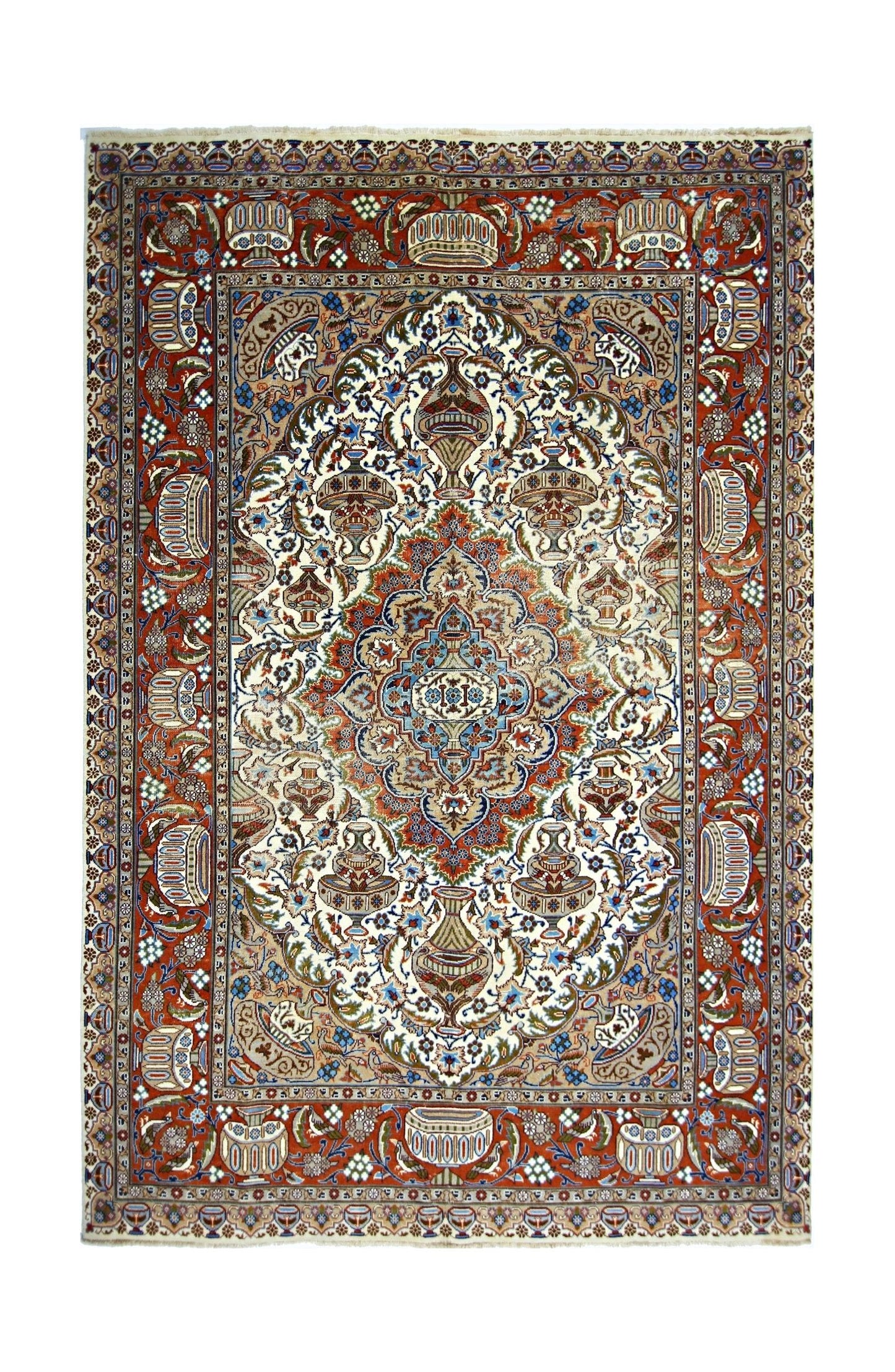 A vintage Persian Kashmar rug featuring a central medallion and intricate vase motifs on red.