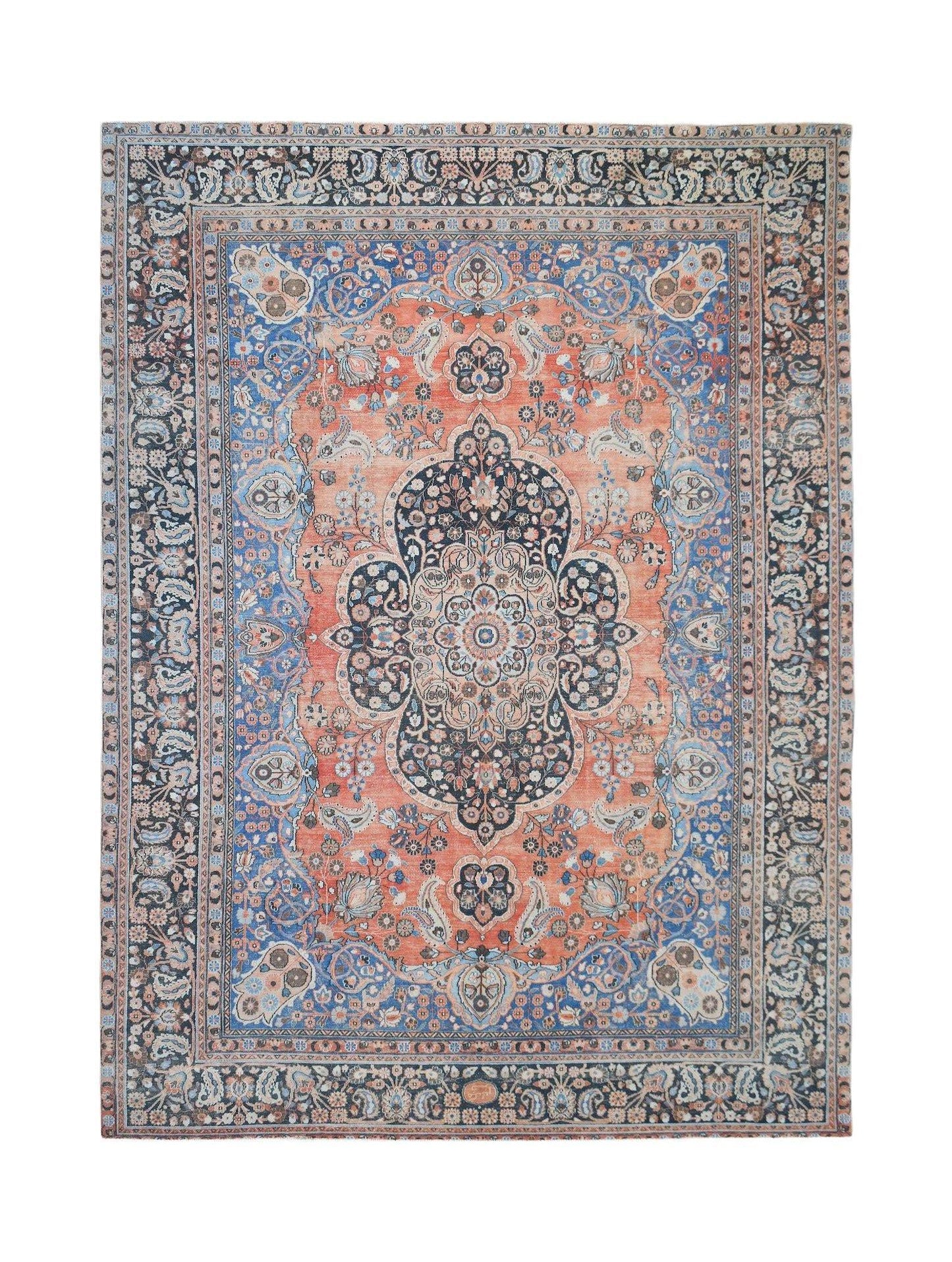 A vintage Persian Moud rug featuring a central floral medallion in shades of orange and blue.