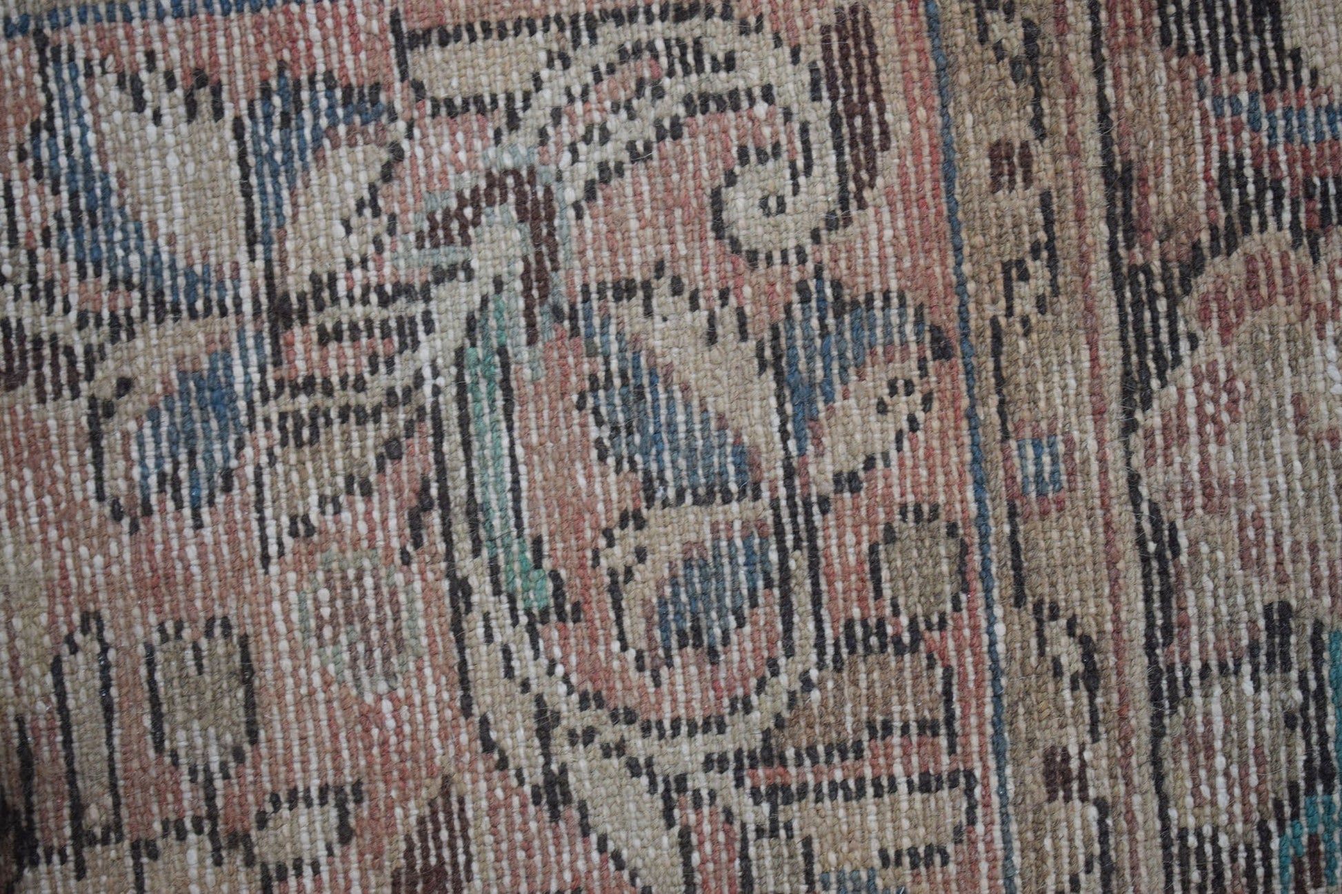 A close-up view of a vintage Persian rug featuring intricate floral patterns in muted tones.