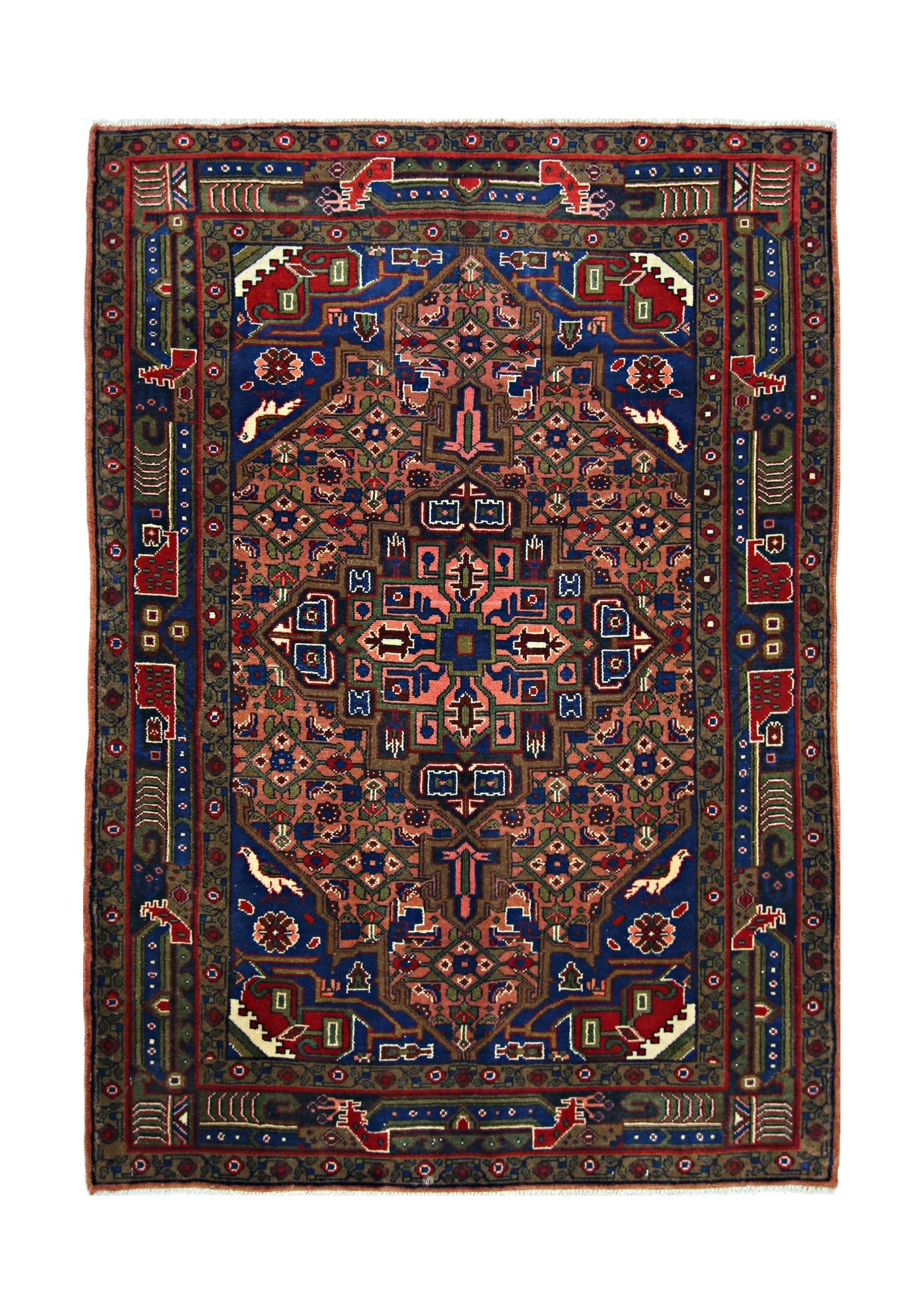A rectangular vintage Persian rug featuring a geometric floral pattern in blue, red, and green.