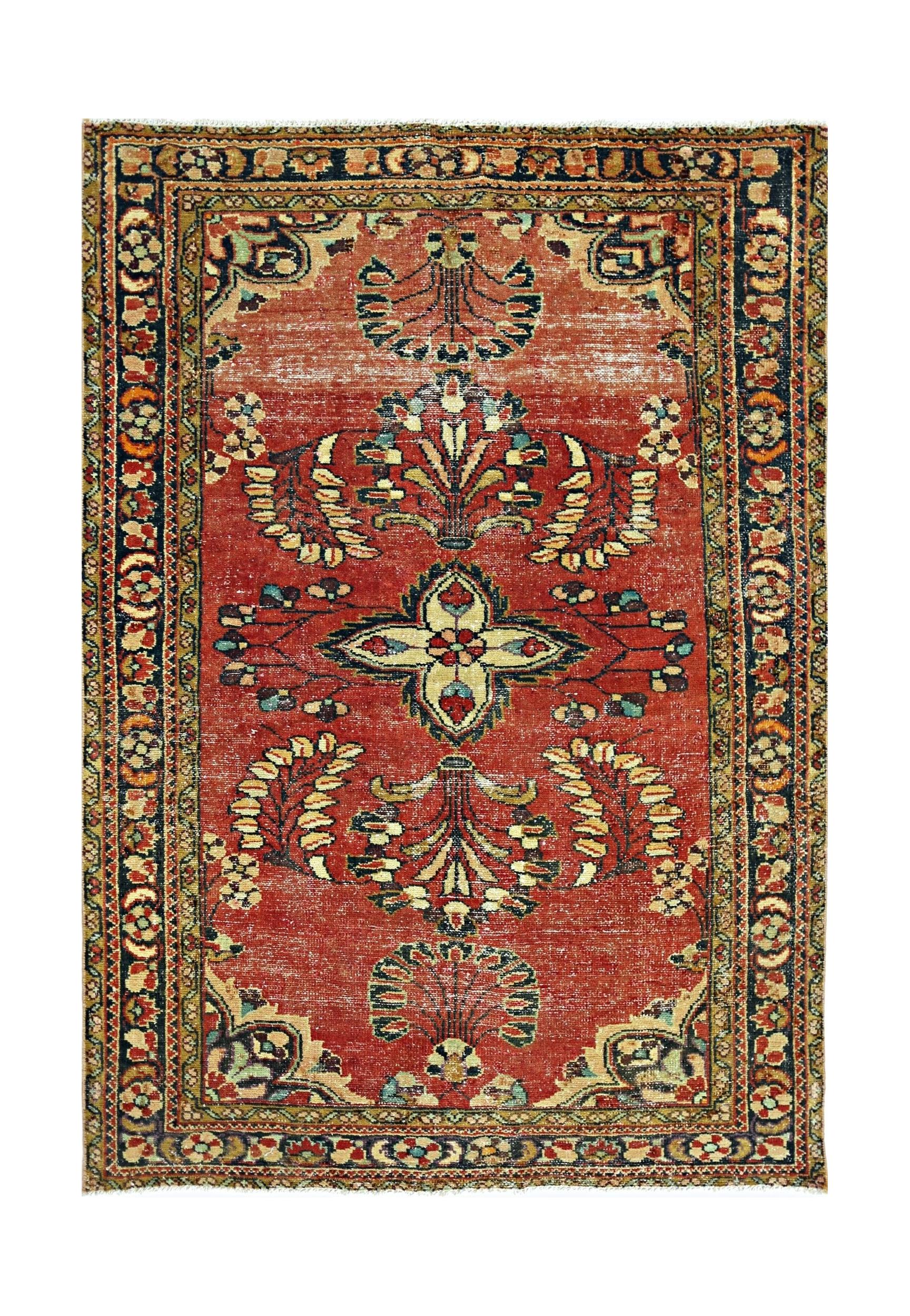 A rectangular vintage Persian rug featuring a central floral motif on a vibrant red background.