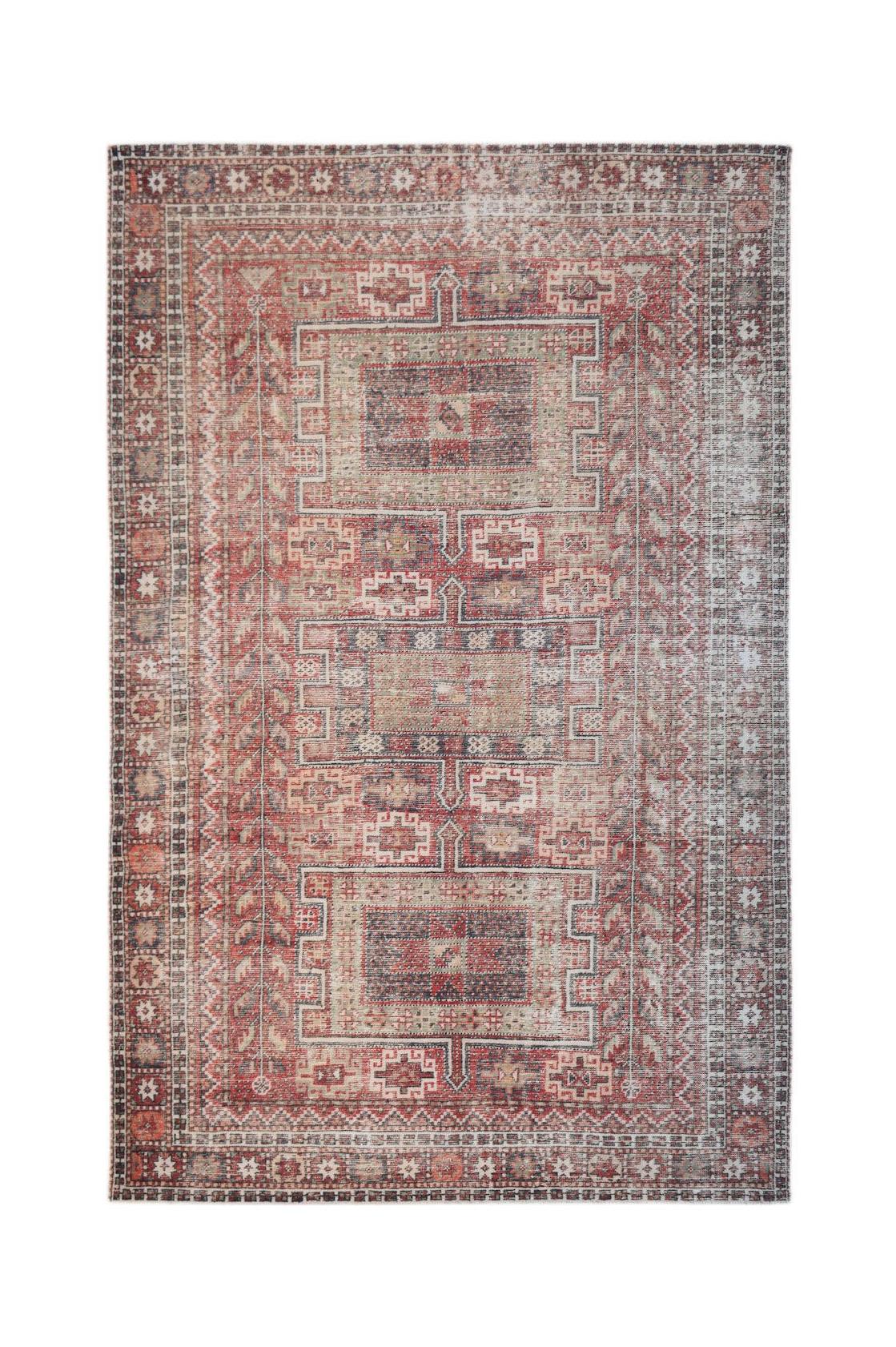 Vintage Persian rug with red, grey, and beige geometric patterns.
