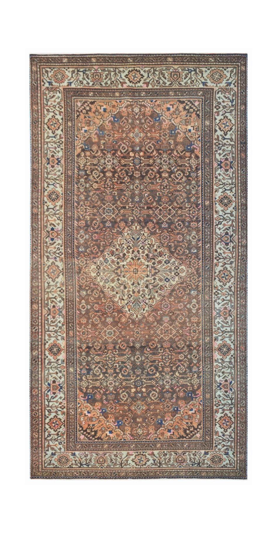 A rectangular vintage Persian rug featuring a central diamond medallion on a brown patterned field.