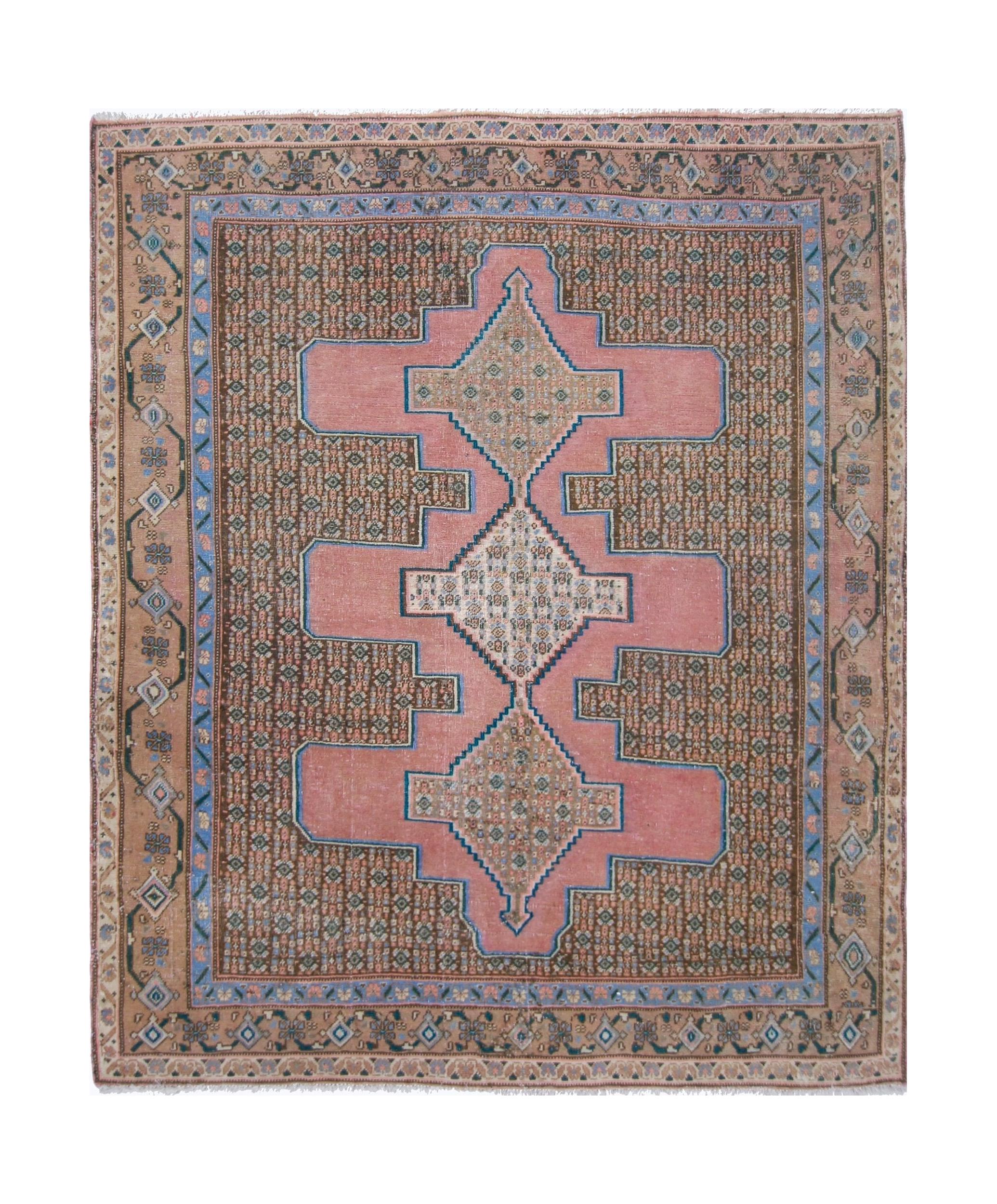 Handmade Vintage Persian Sanandaj Rug | 148 x 122 cm | 4'10" x 4' - Najaf Rugs & Textile