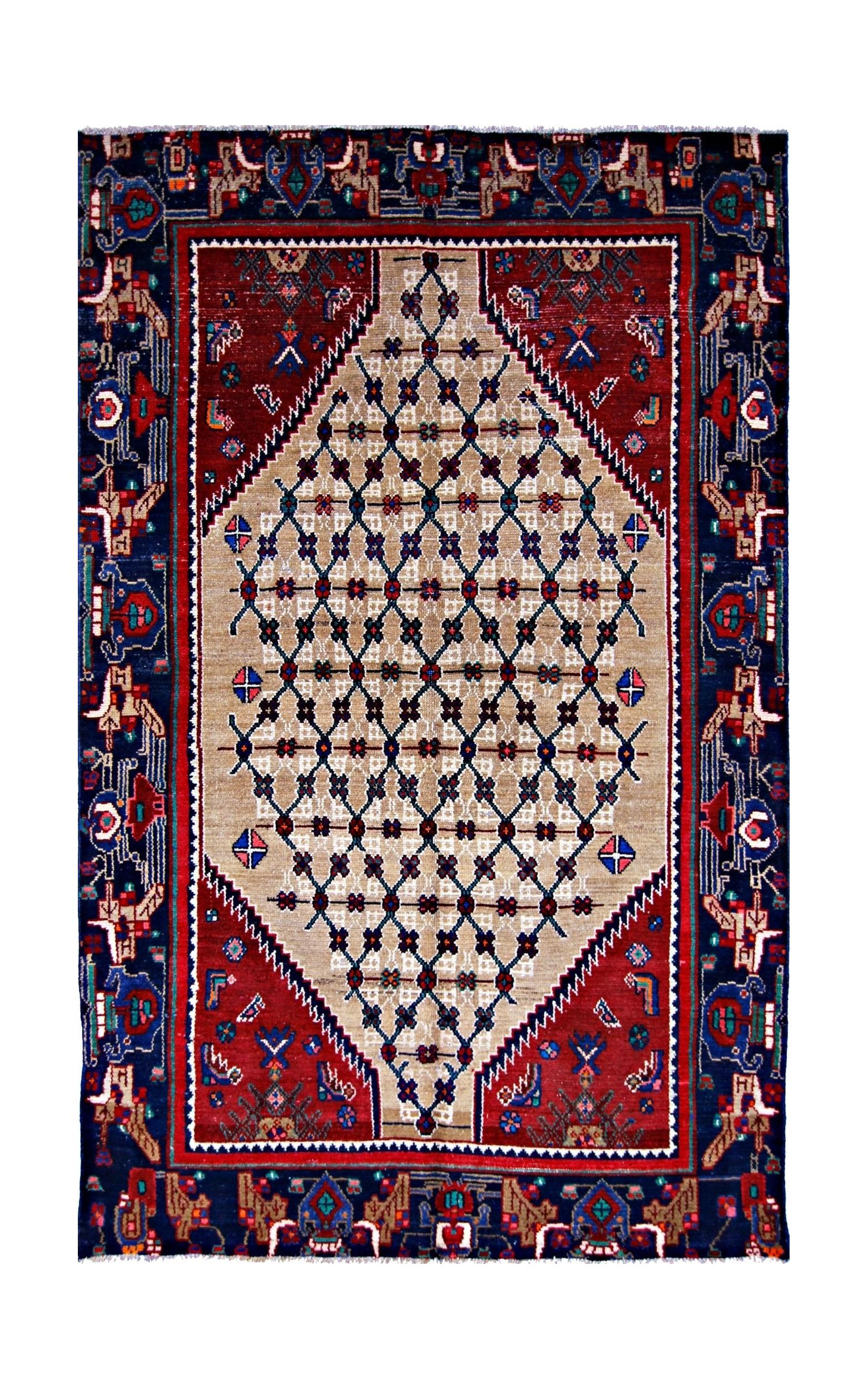 Handmade Vintage Persian Sanandaj Rug | 193 x 120 cm | 6'4" x 3'11" - Najaf Rugs & Textile