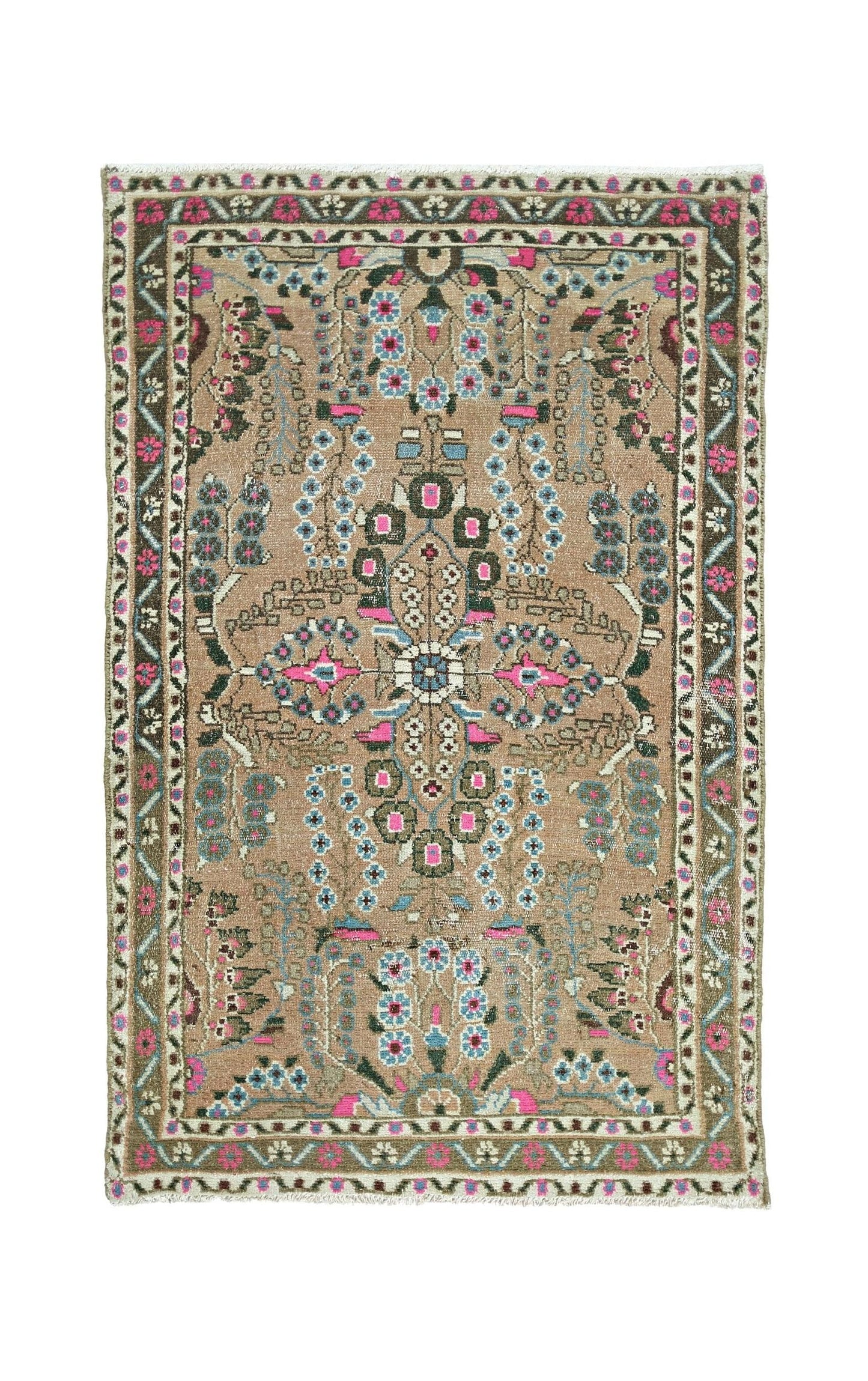 A vintage Persian Sarouk rug featuring a floral medallion pattern in pink, blue, and tan tones.