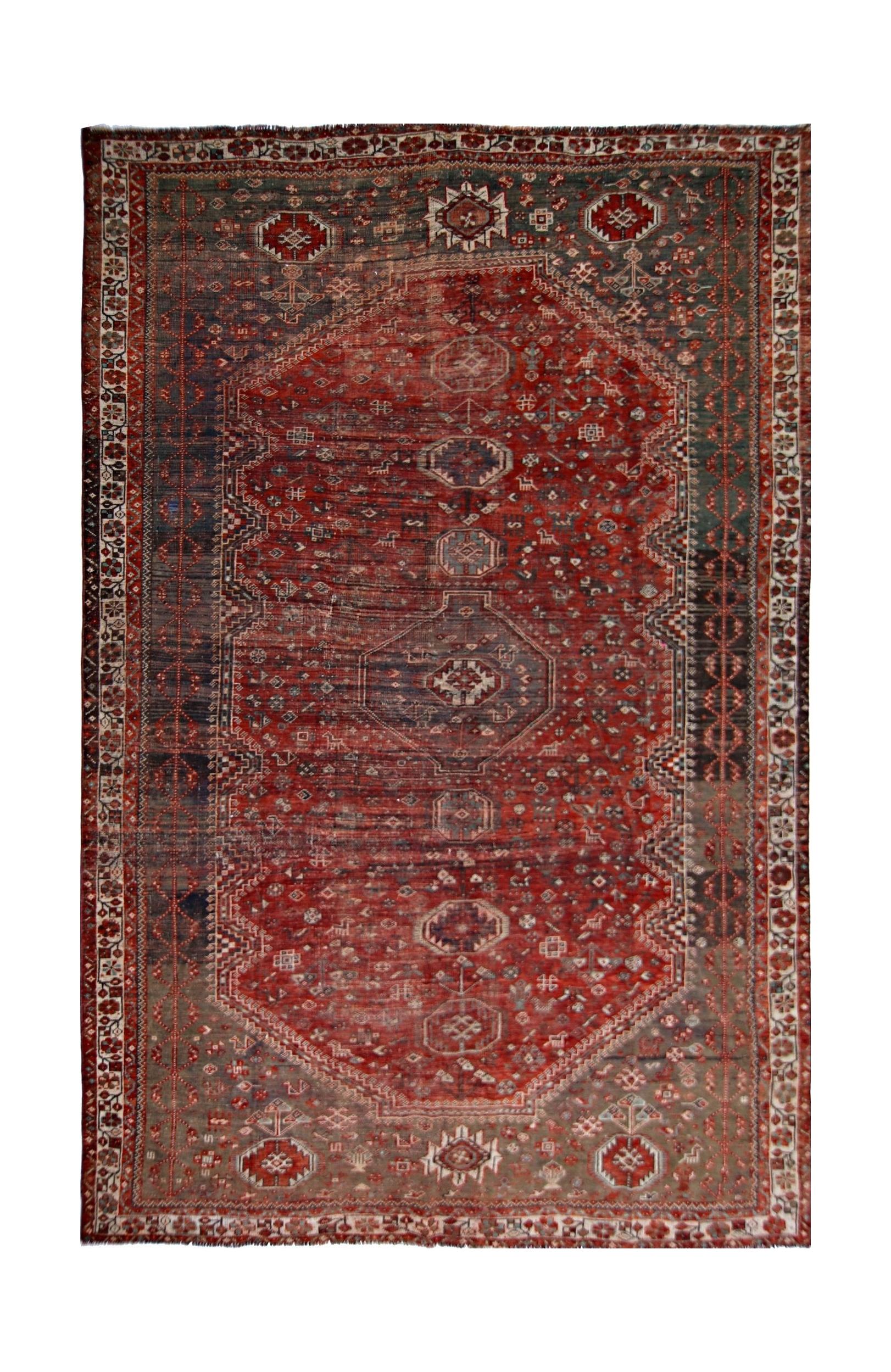 Handmade Vintage Persian Shiraz Rug | 330 x 212 cm | 10'10" x 6'11" - Najaf Rugs & Textile