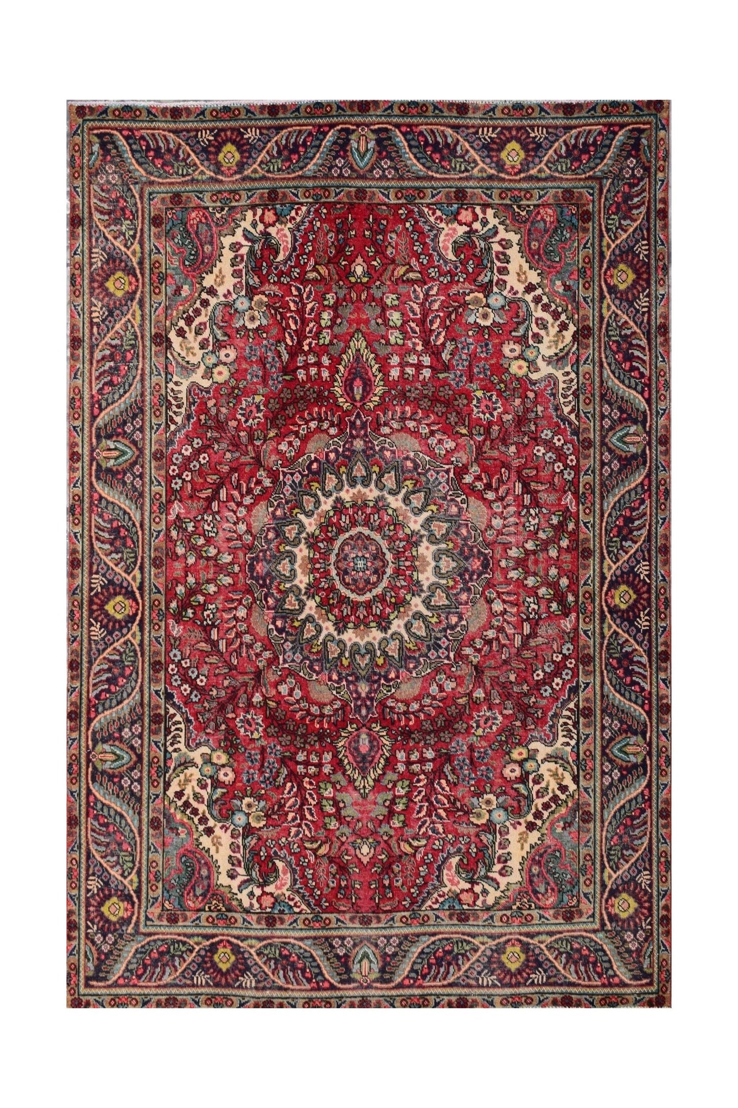 A vintage Persian Tabriz rug featuring a central medallion and intricate floral patterns in red.