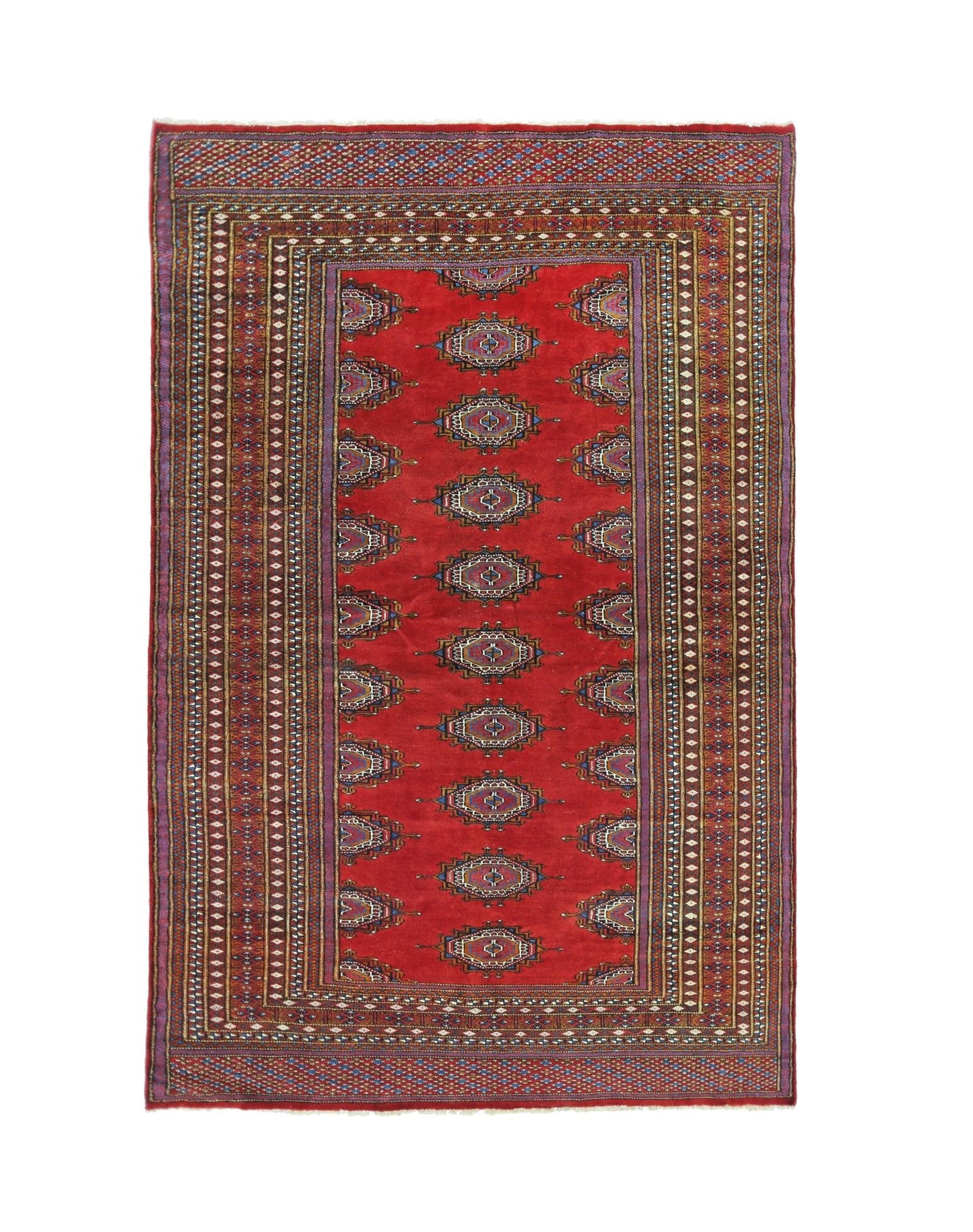 A vintage Pakistani Princess Bokhara rug featuring a red field with repeating geometric motifs.