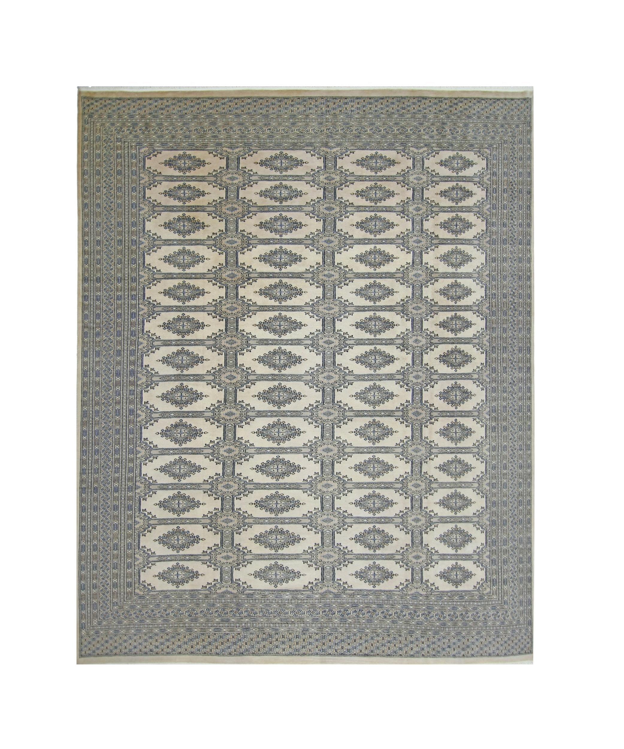 Vintage Pakistani Princess Bokhara rug featuring a repeating diamond pattern in blue and cream.