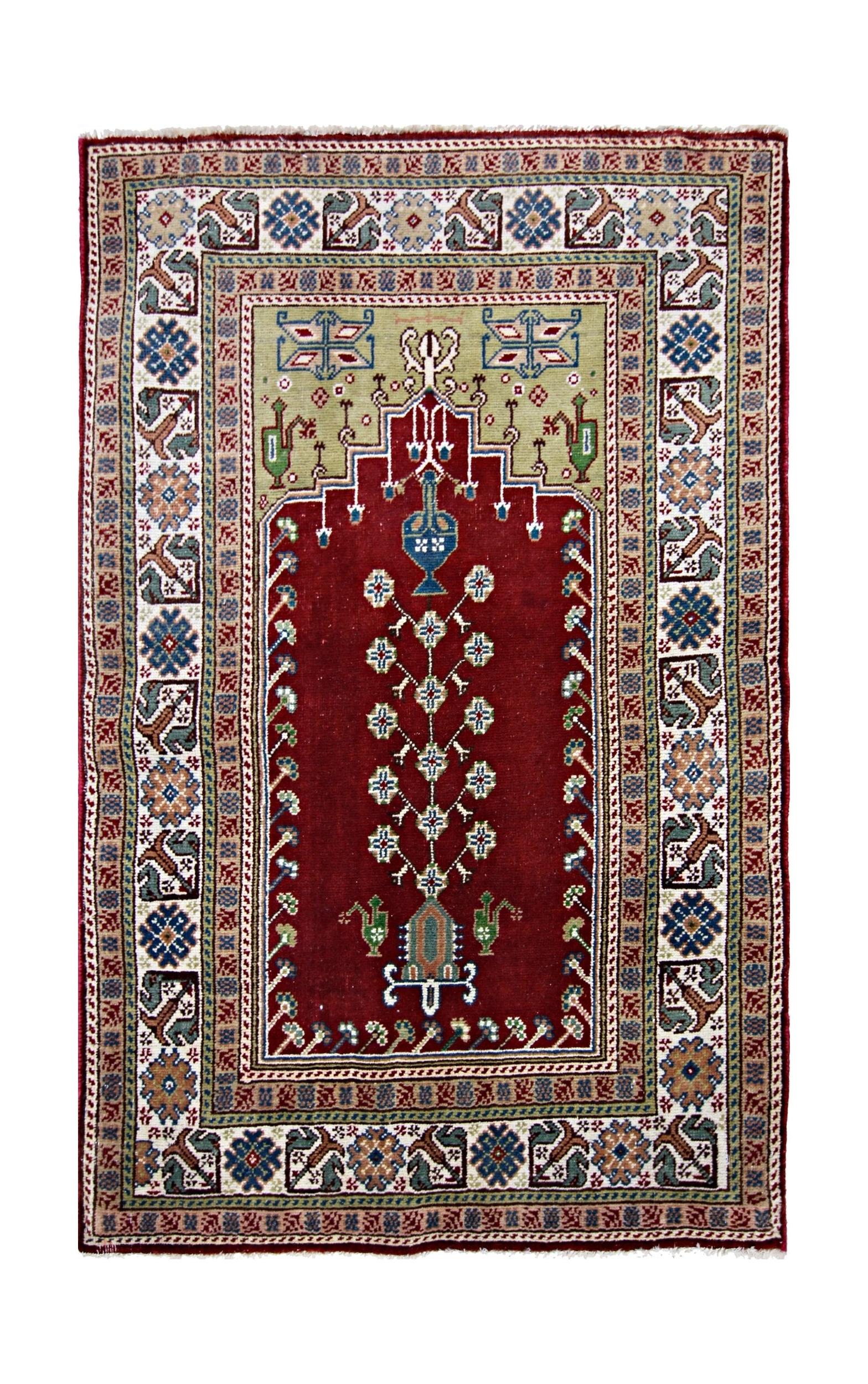 Handmade Vintage Turkish Kayseri Prayer Rug | 115 x 73 cm | 3'9" x 2'5" - Najaf Rugs & Textile