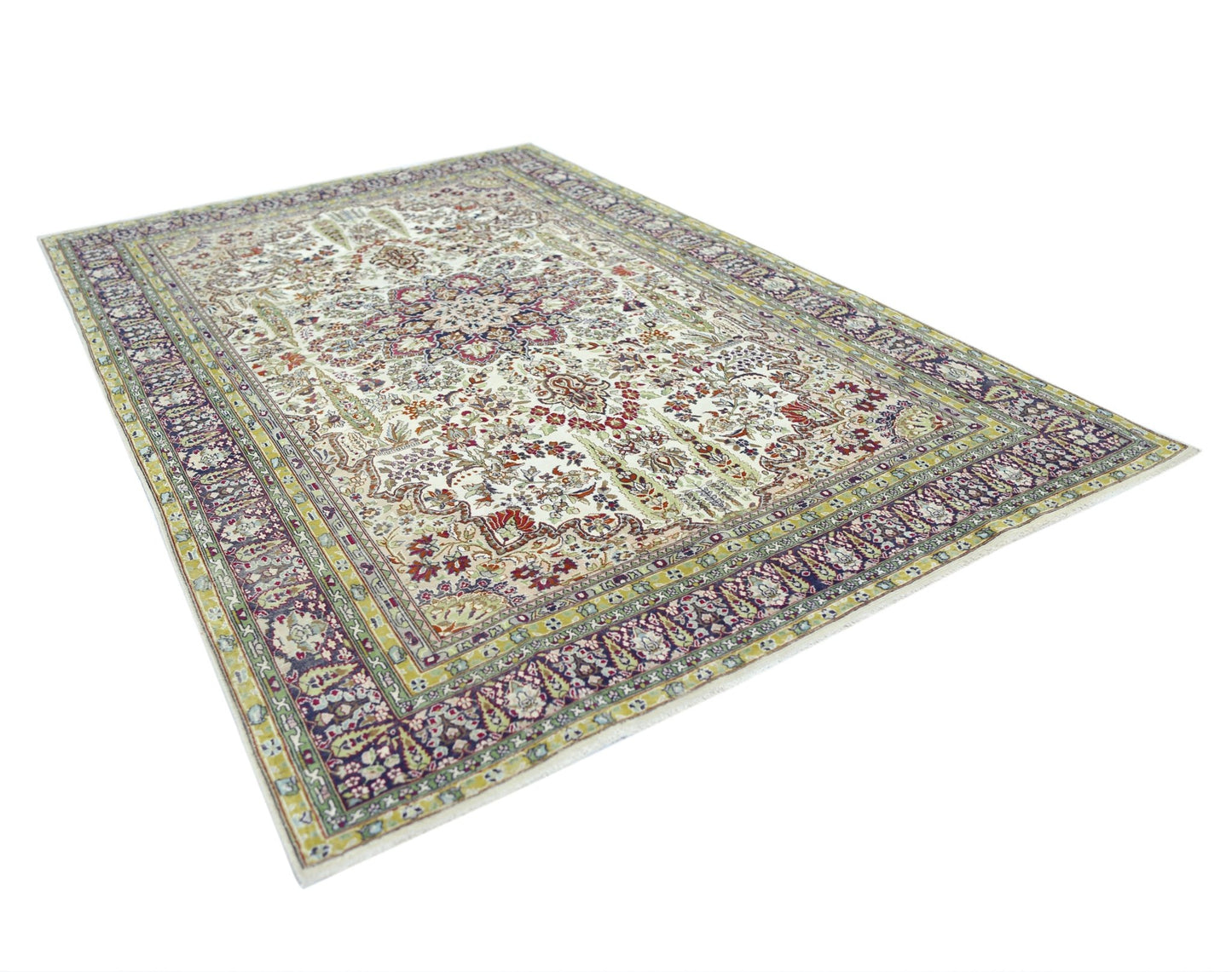 A vintage Turkish Kayseri rug featuring an intricate floral pattern in purple, red, and cream.