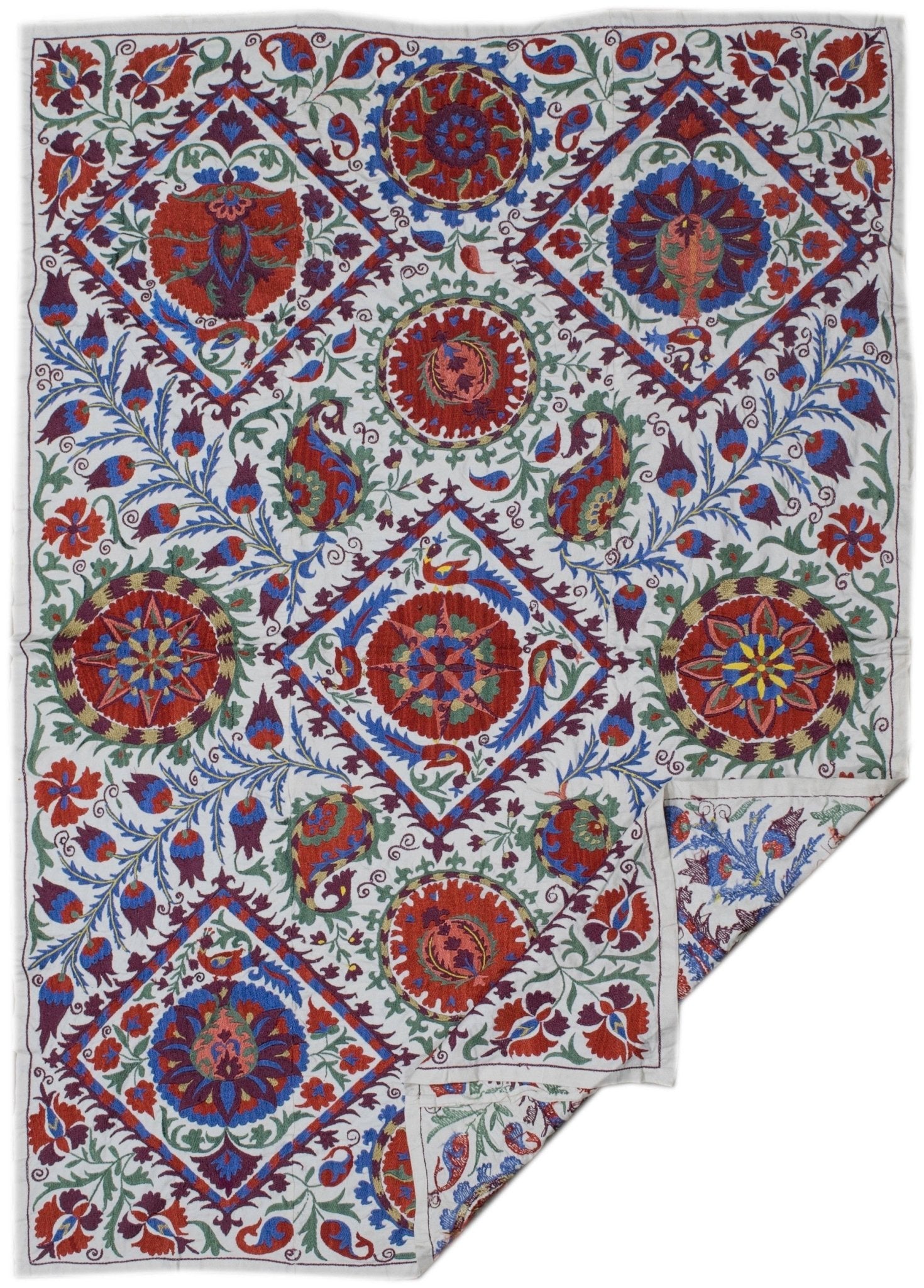 Handmade Uzbek suzani textile featuring intricate floral and geometric embroidery on cotton.