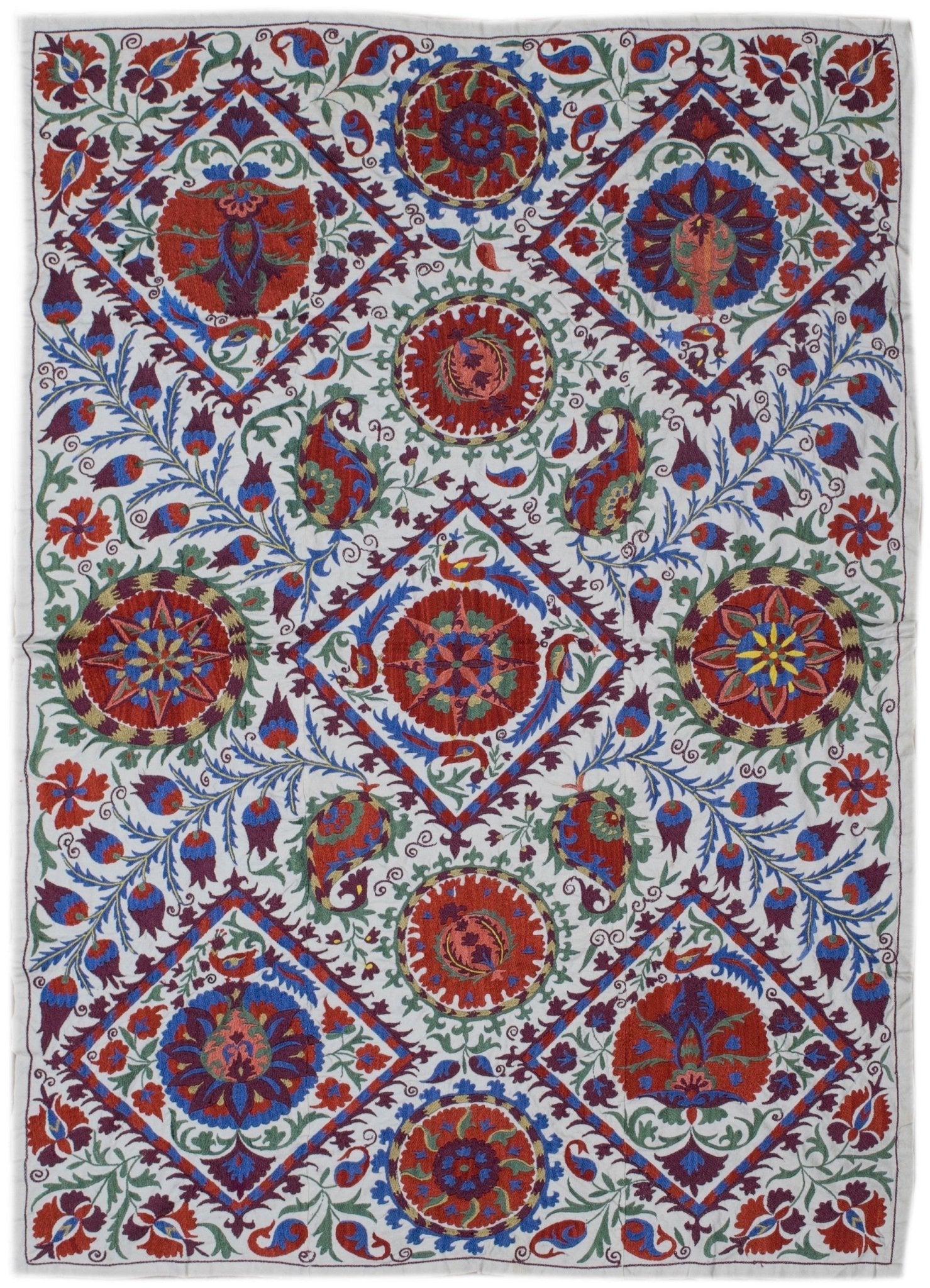 Handmade Uzbek suzani textile featuring intricate floral and geometric embroidery on cotton.