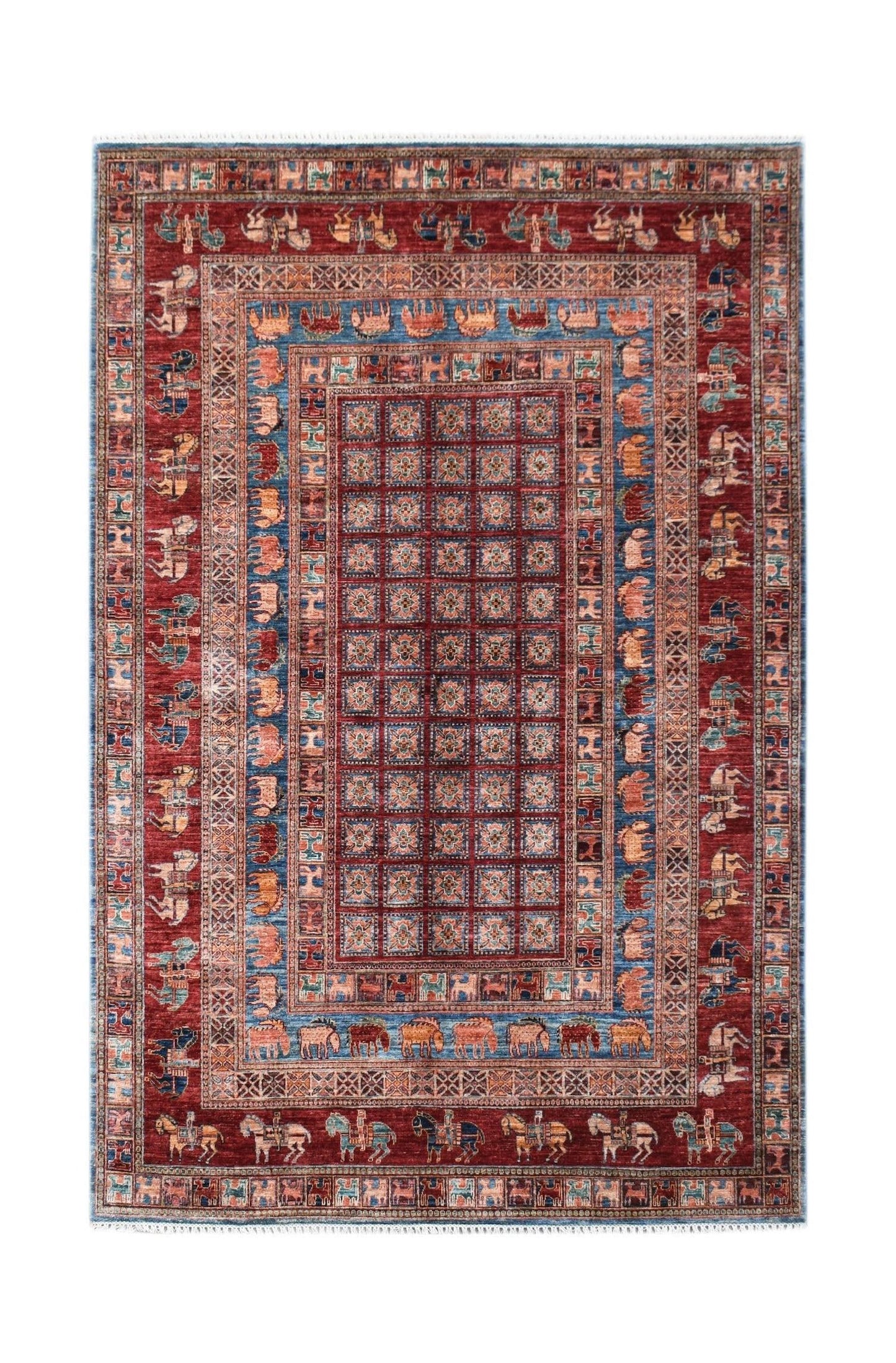Handwoven Afghan Chobi rug featuring a grid pattern and horse motifs in red and blue tones.