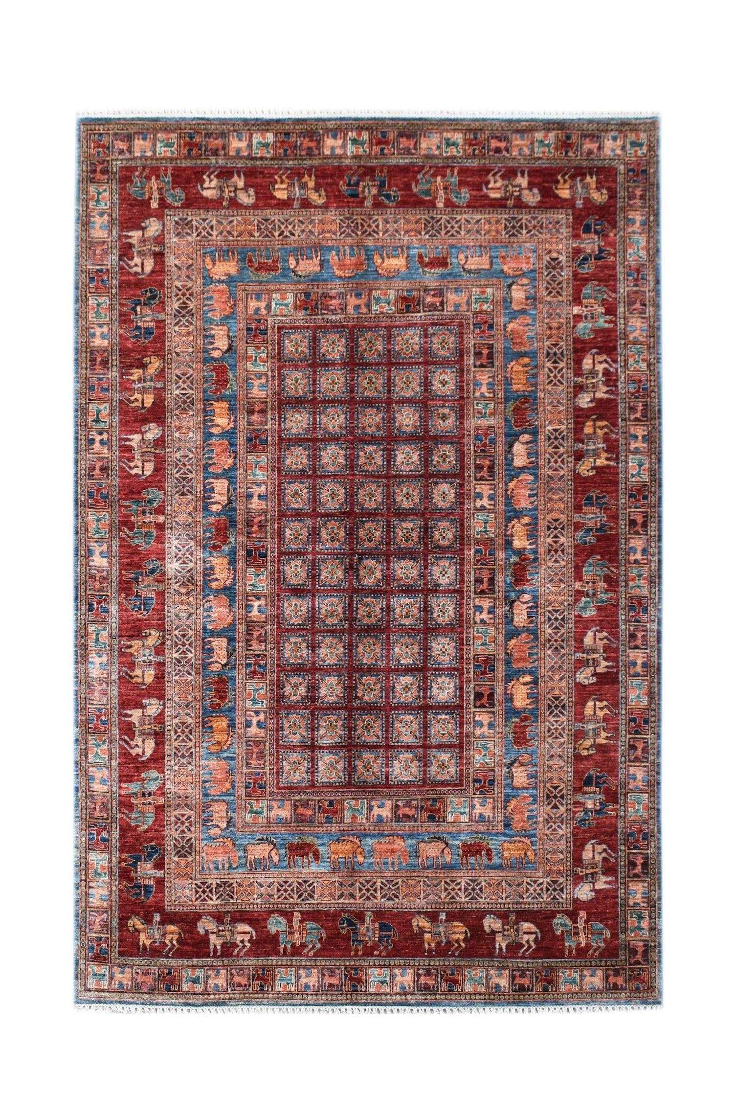 Handwoven Afghan Chobi rug featuring a grid pattern and horse motifs in red and blue tones.