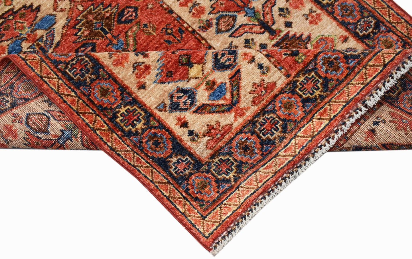 A handmade Afghan Chobi prayer rug featuring traditional floral patterns in red, blue, and beige.