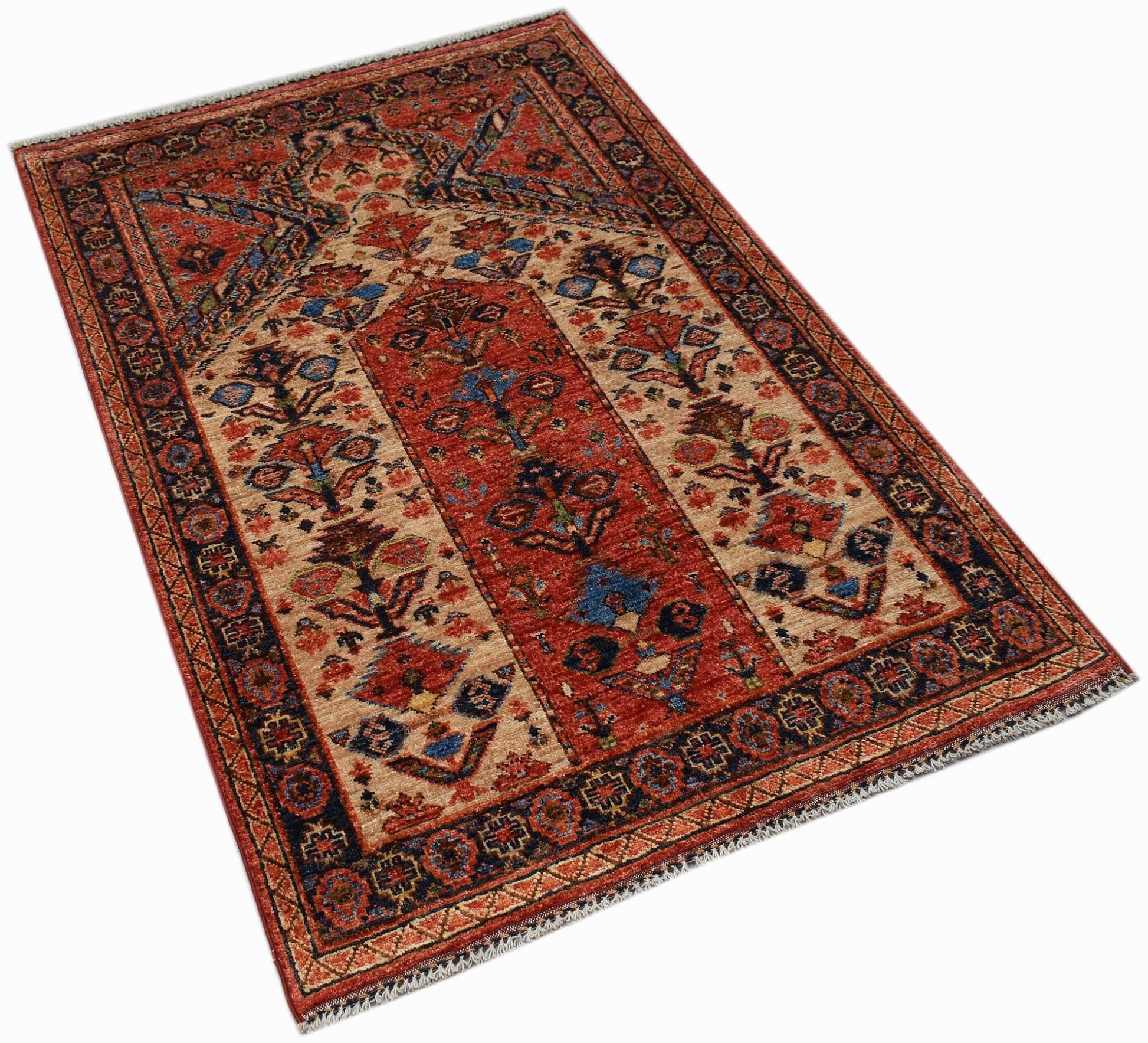 A handmade Afghan Chobi prayer rug featuring a traditional floral pattern in red and beige tones.