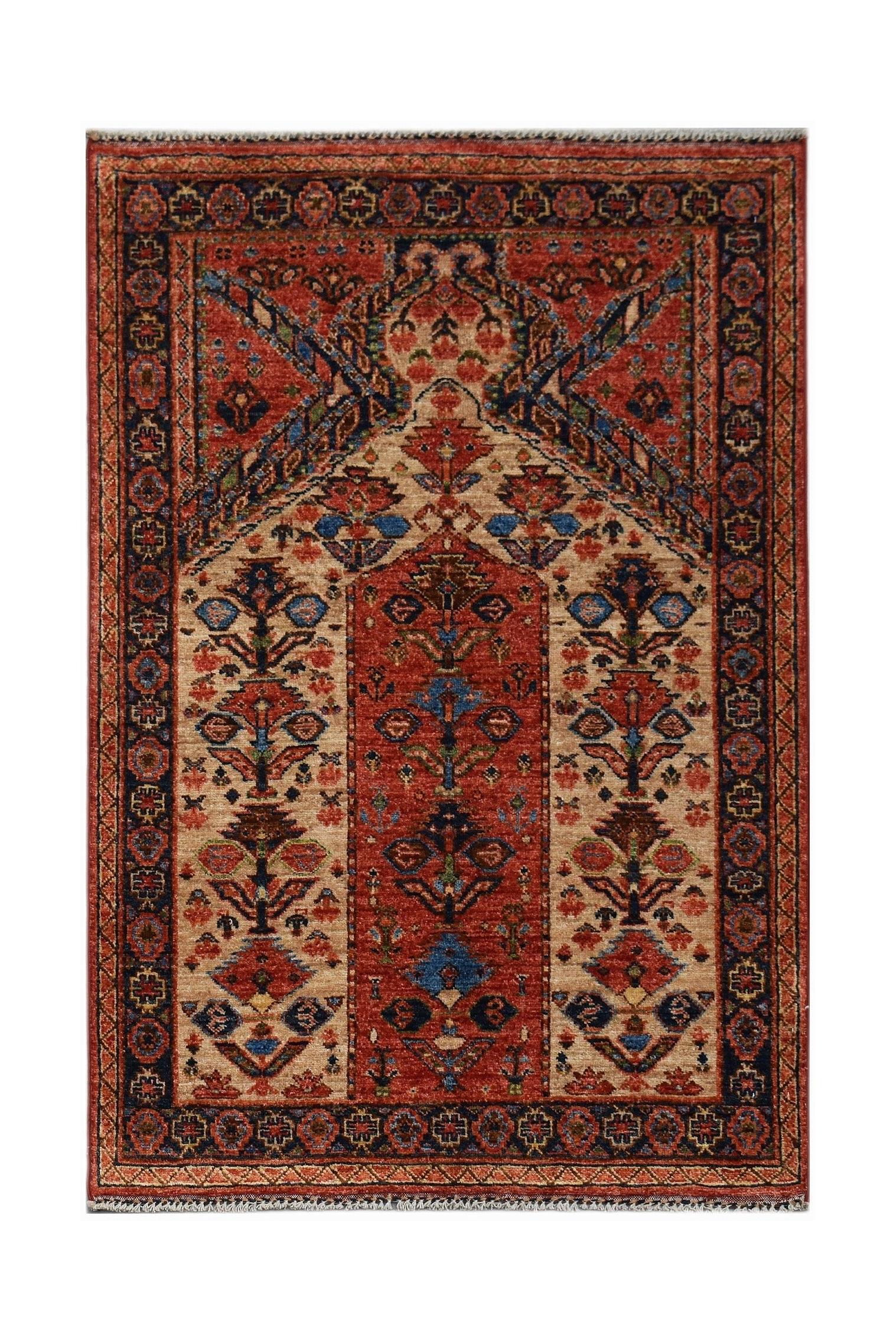 Handmade Afghan Chobi prayer rug featuring a traditional mihrab design in red and beige tones.