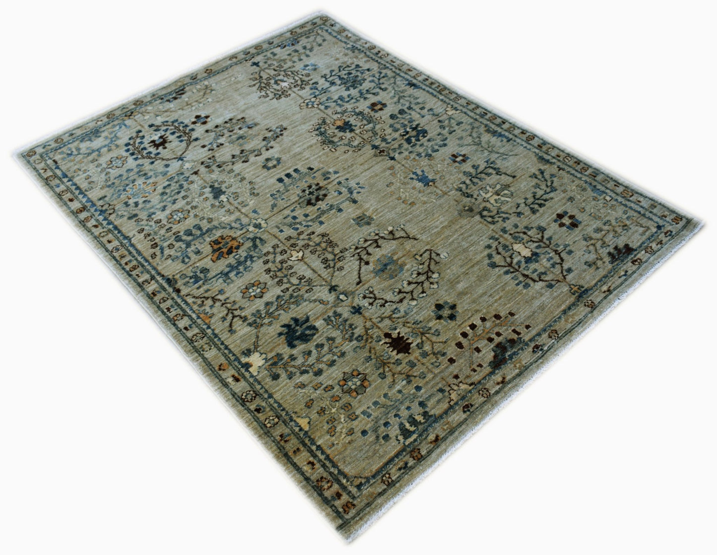 A rectangular Afghan Chobi rug featuring traditional floral patterns in muted earth tones.