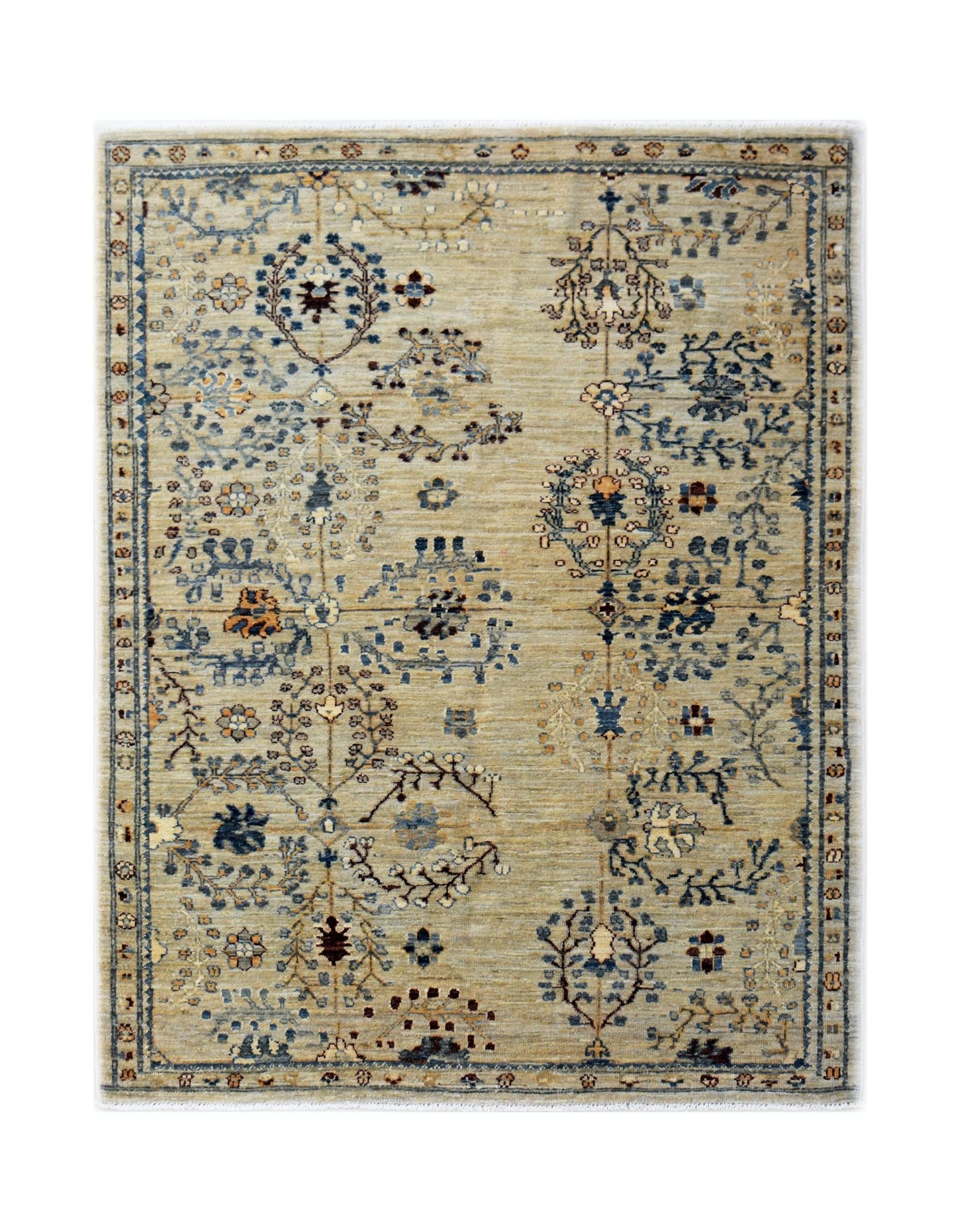 Handwoven Afghan Chobi rug featuring a traditional floral pattern in blue and beige tones.