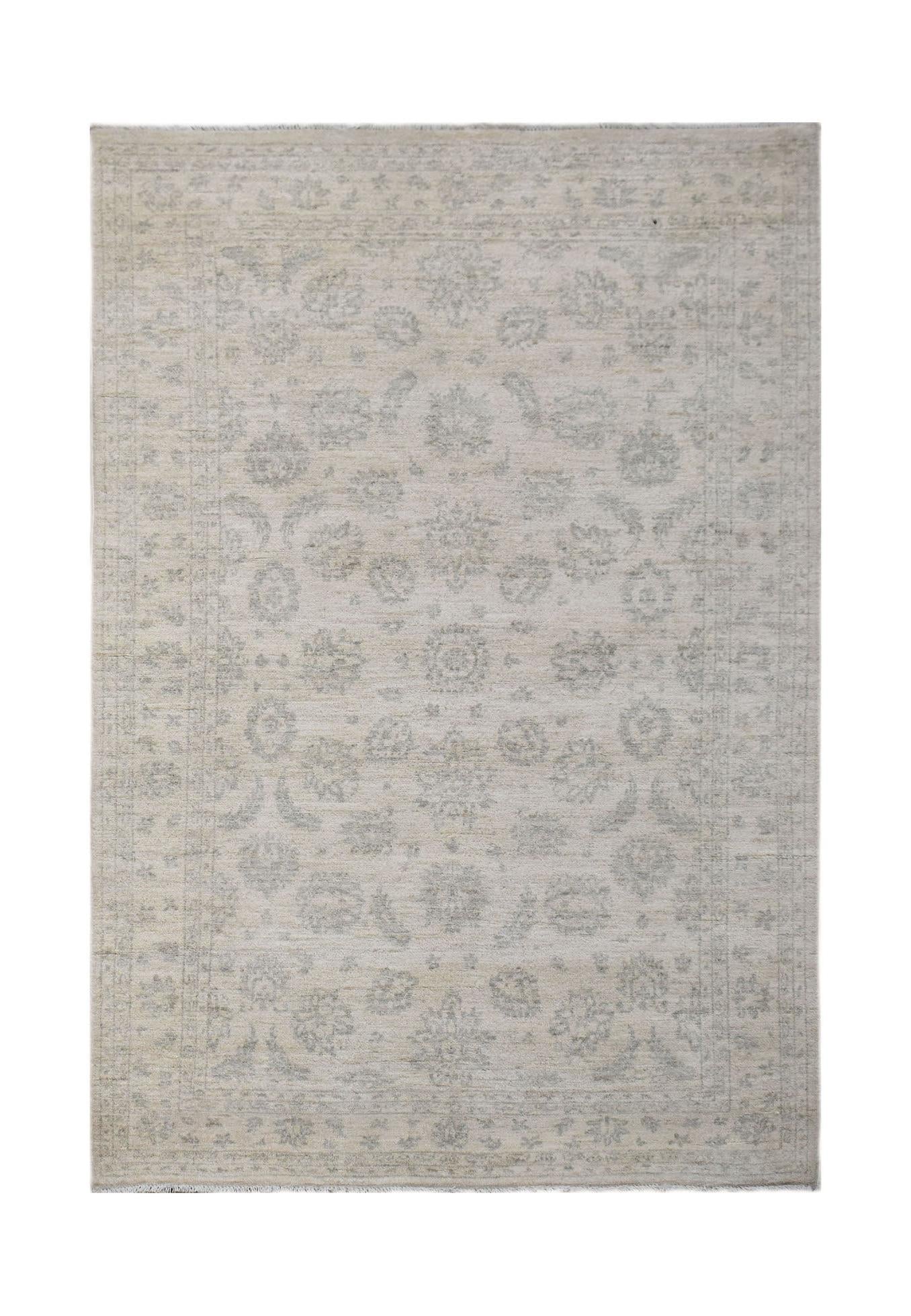 A rectangular Afghan Chobi rug featuring a traditional floral pattern in soft beige and grey tones.