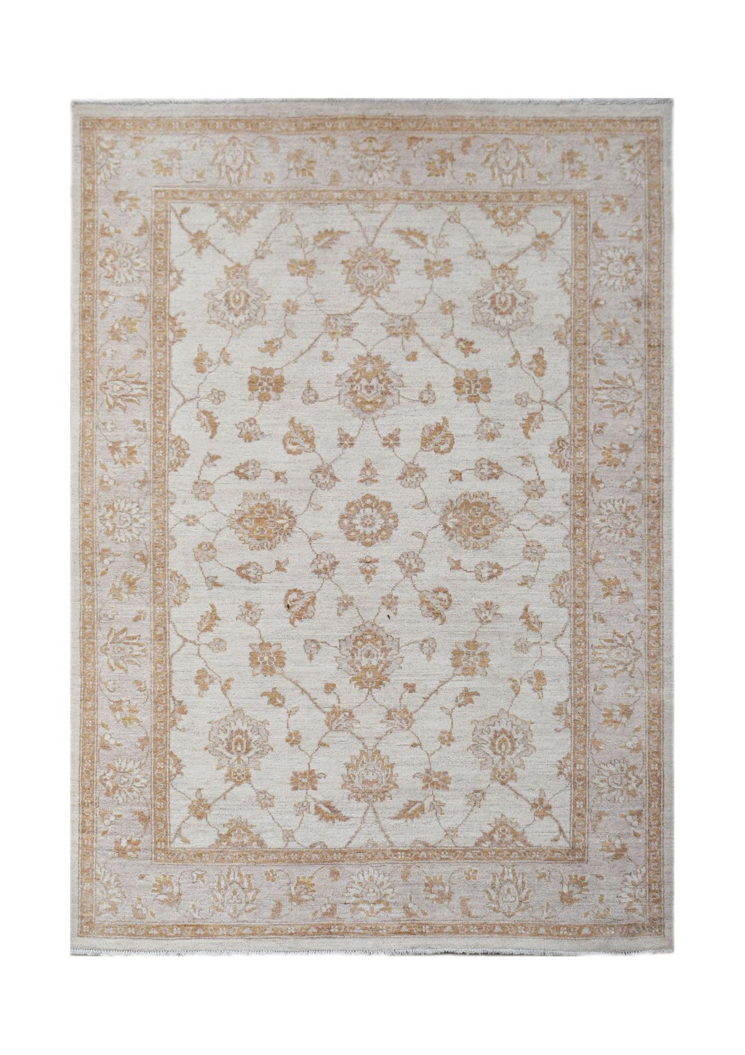 A rectangular Afghan Chobi rug featuring a traditional floral pattern in soft beige and tan tones.