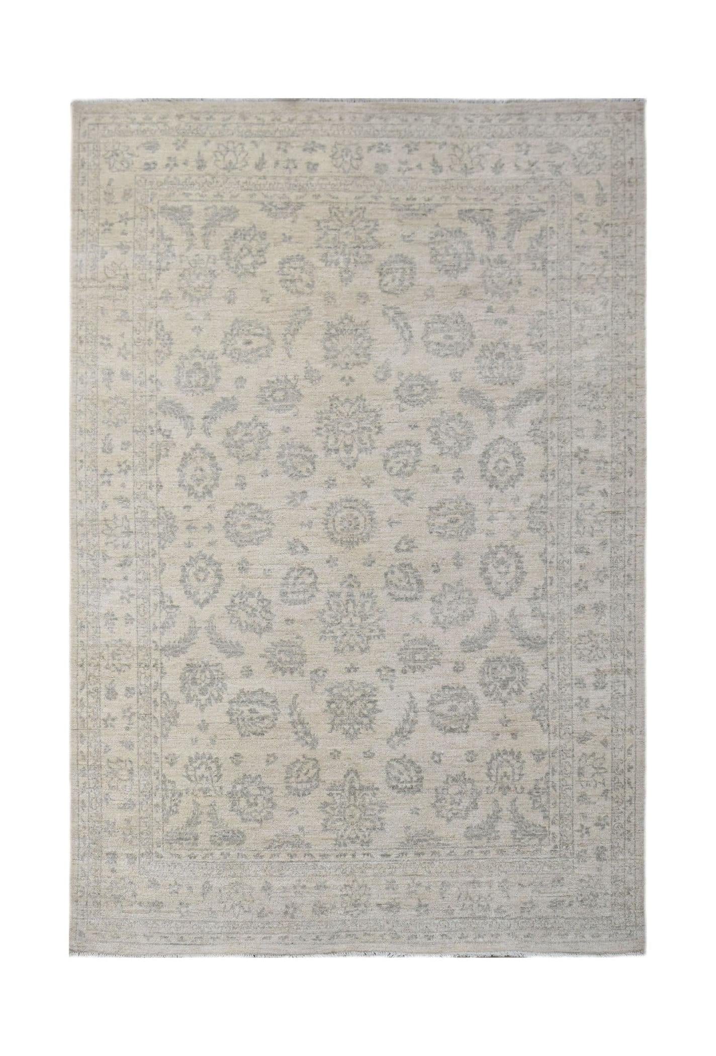 A rectangular Afghan Chobi rug featuring a traditional floral pattern in soft grey and beige tones.