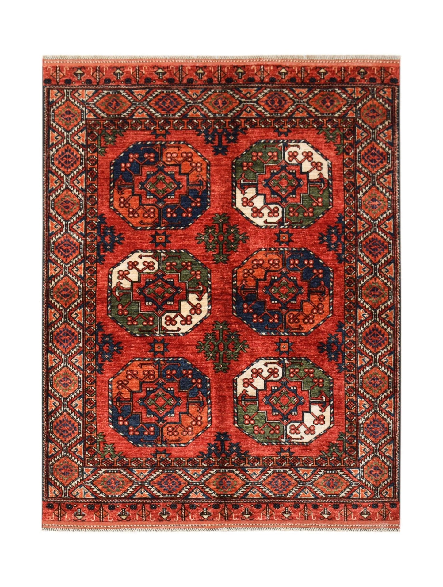 Handwoven Afghan Chobi rug featuring a red field with six geometric octagonal medallions.