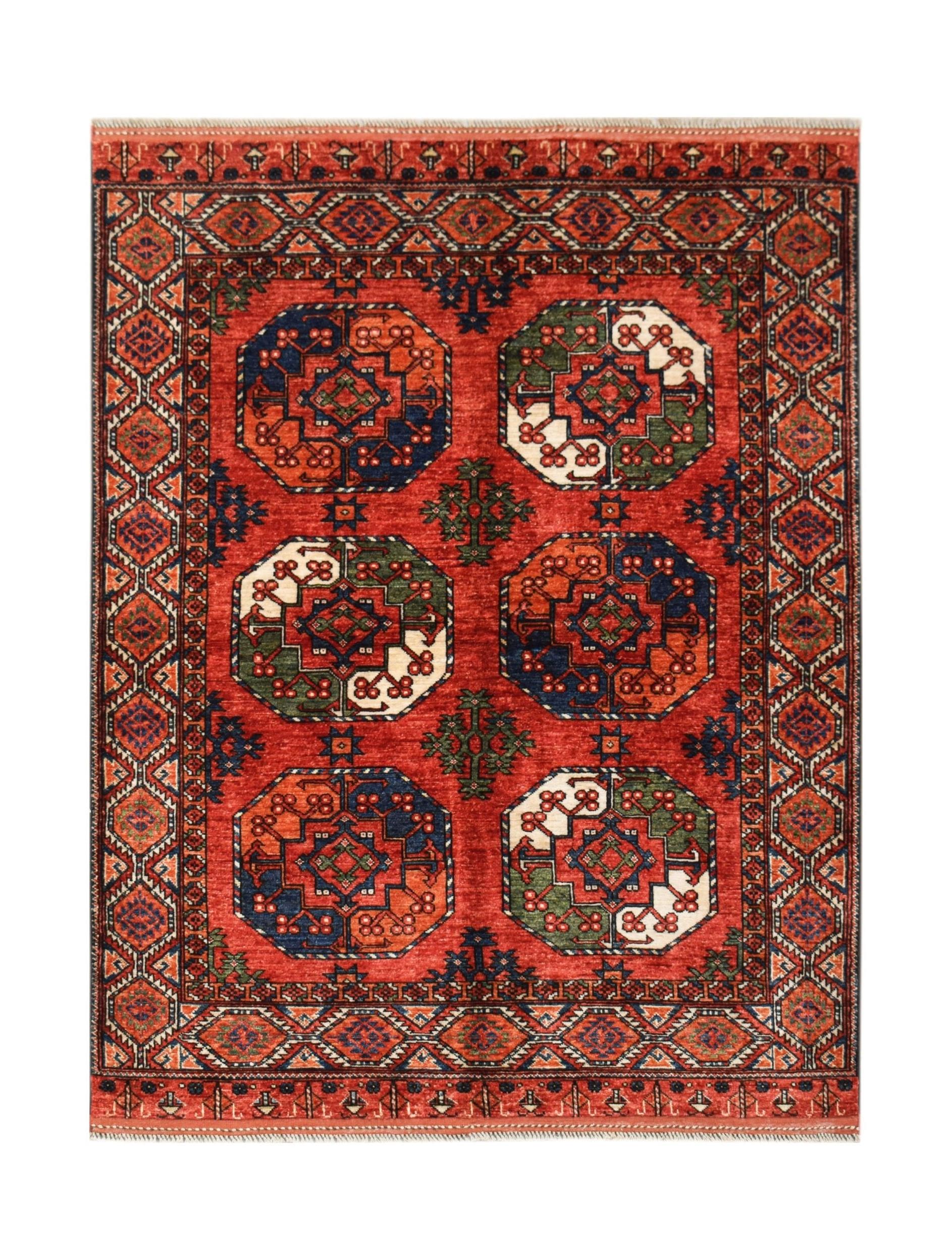 Handwoven Afghan Chobi rug featuring a red field with six geometric octagonal medallions.