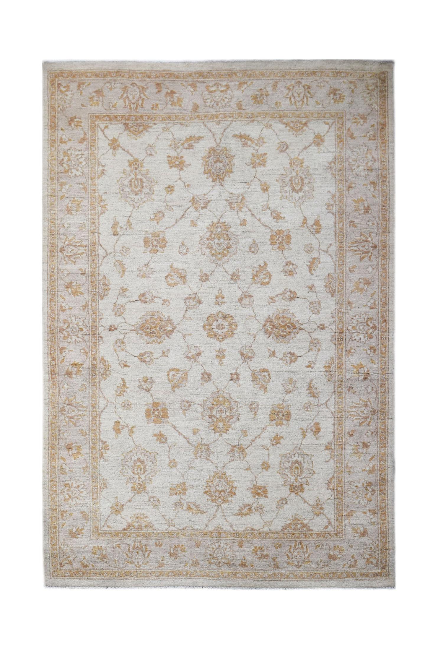 A rectangular Afghan Chobi rug featuring a traditional floral pattern in soft beige and gold tones.