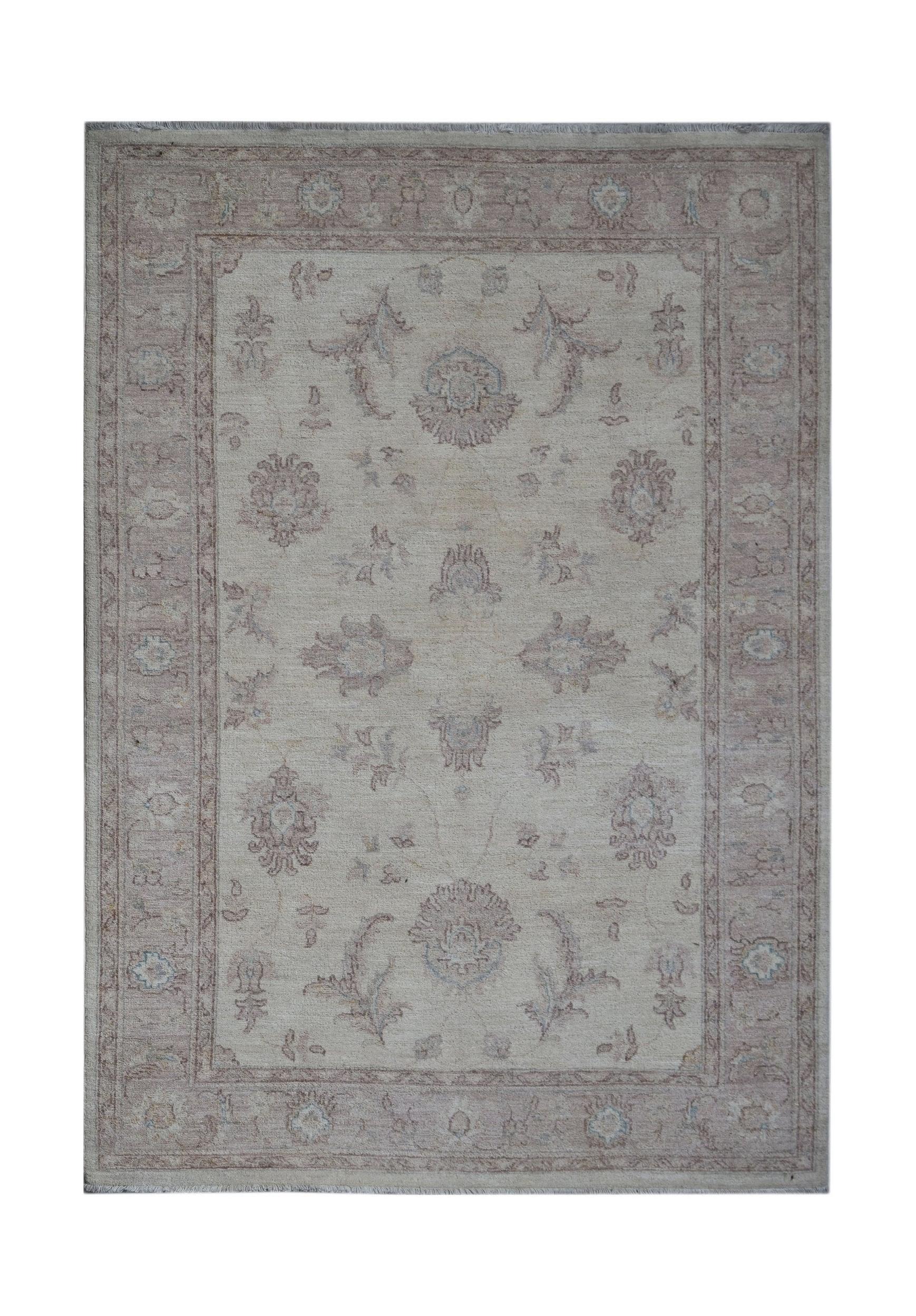 A rectangular Afghan Chobi rug featuring traditional floral motifs in soft beige and muted tones.