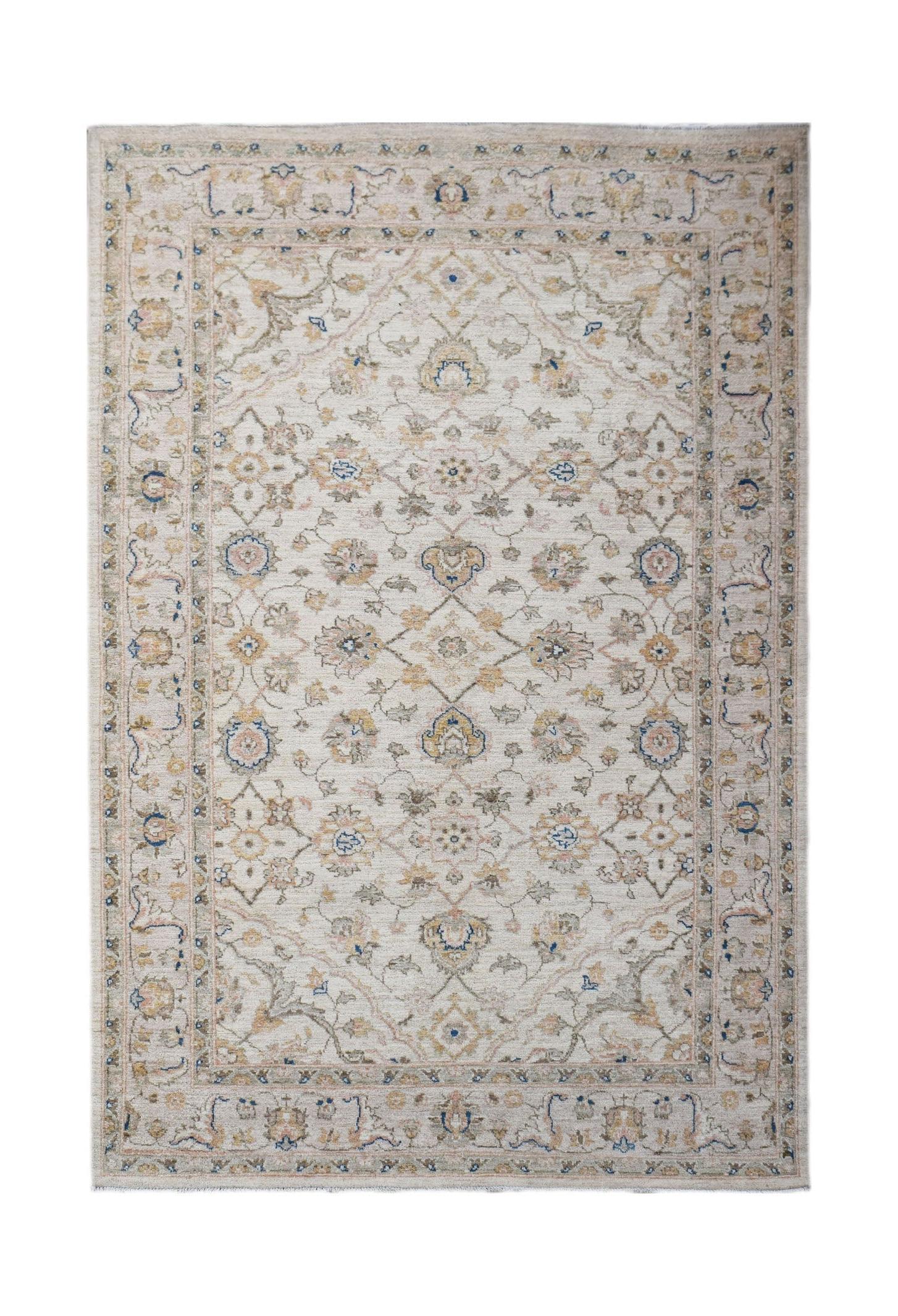 A rectangular Afghan Chobi rug featuring a traditional floral pattern in soft earth tones.