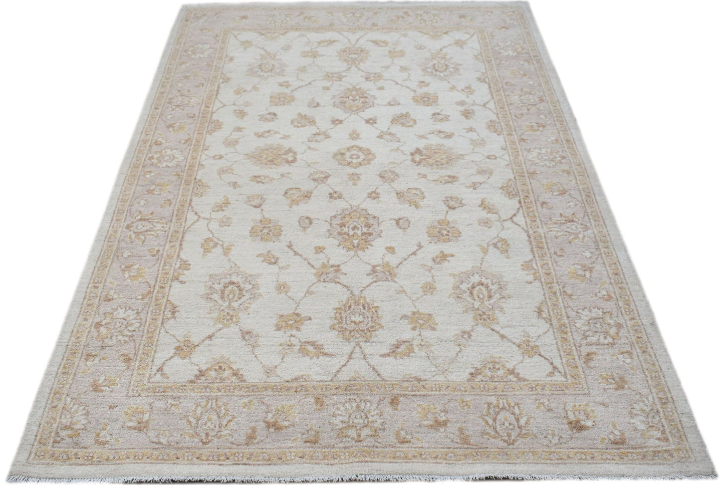A rectangular Afghan Chobi rug featuring a traditional floral pattern in soft beige and brown tones.