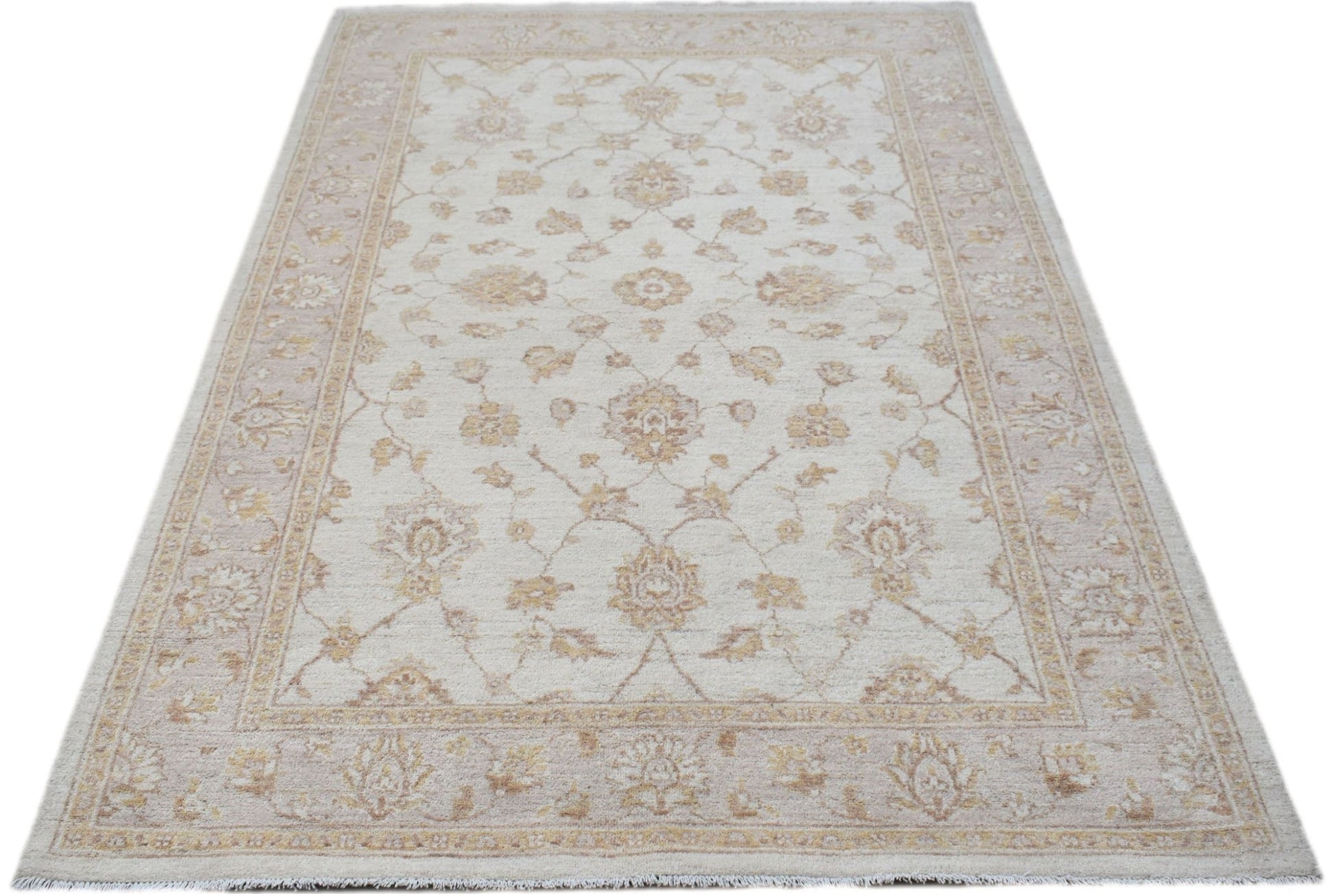 A rectangular Afghan Chobi rug featuring a traditional floral pattern in soft beige and brown tones.