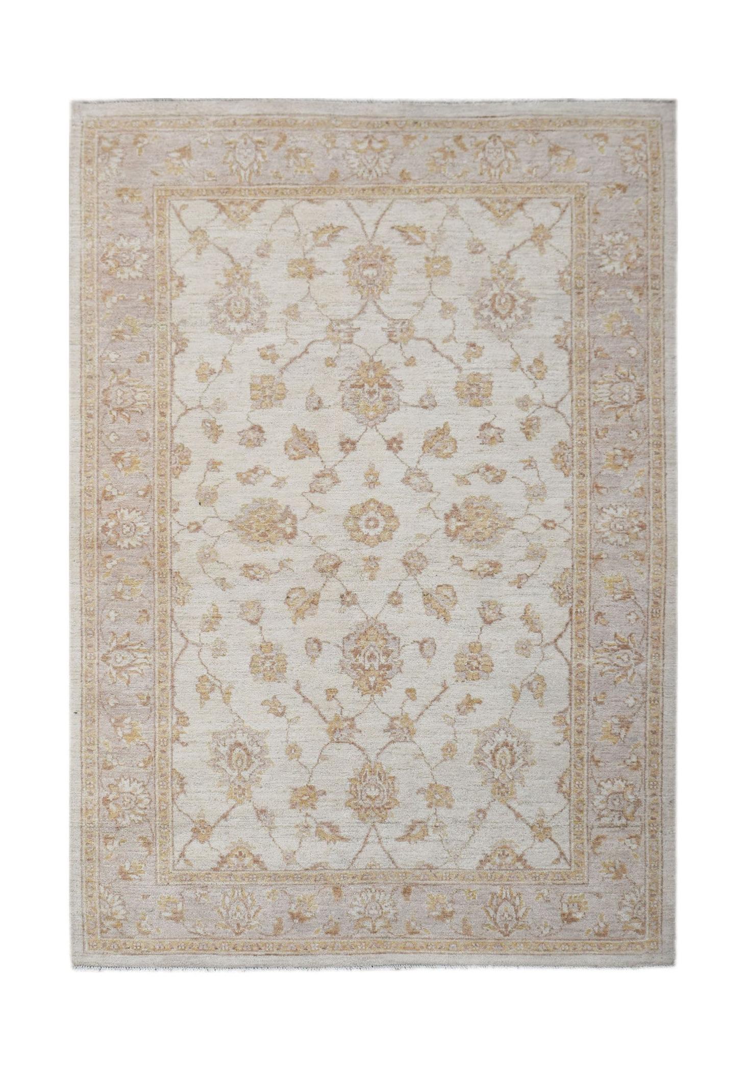 A rectangular Afghan Chobi rug featuring a traditional floral pattern in soft beige and gold tones.