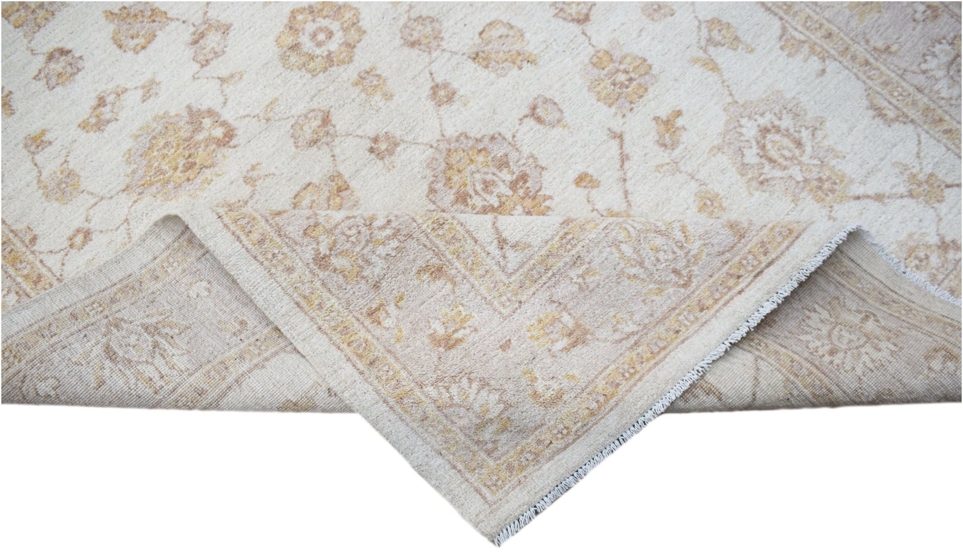 A handmade Afghan Chobi rug featuring a cream background with soft floral patterns in wood tones.