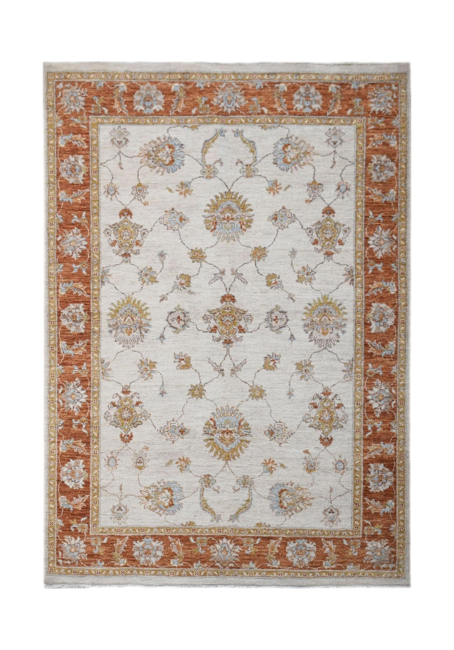 An Afghan Chobi rug featuring a cream field with floral motifs and a rust-colored border.