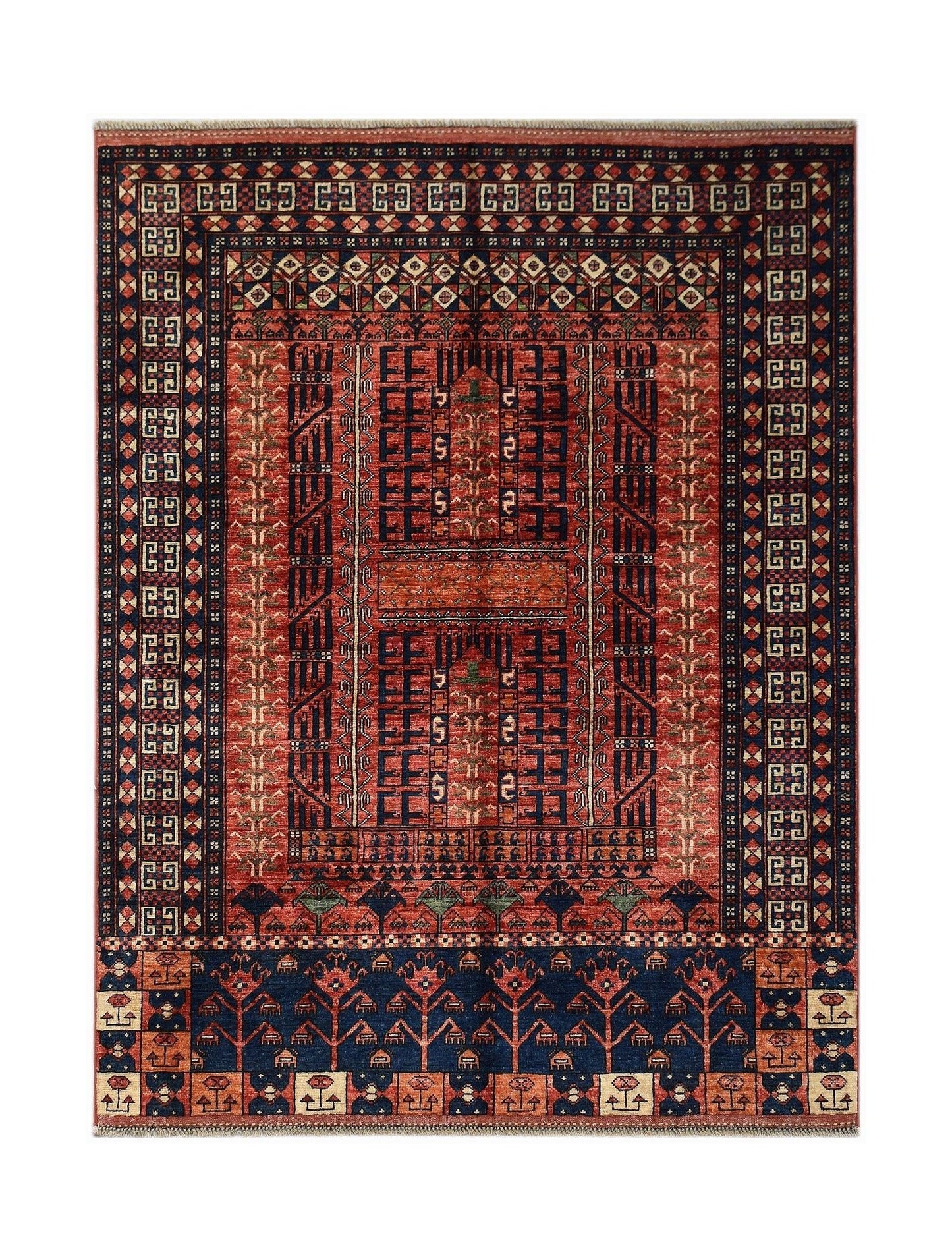 Handmade Afghan Chobi rug featuring a traditional geometric pattern in deep red and blue tones.