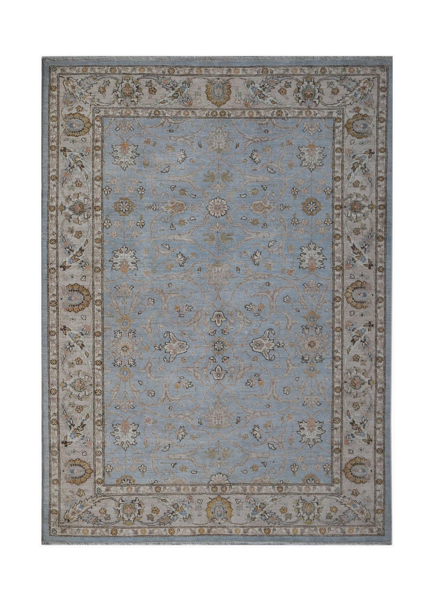 A rectangular Afghan Chobi rug featuring a light blue field with traditional floral patterns.