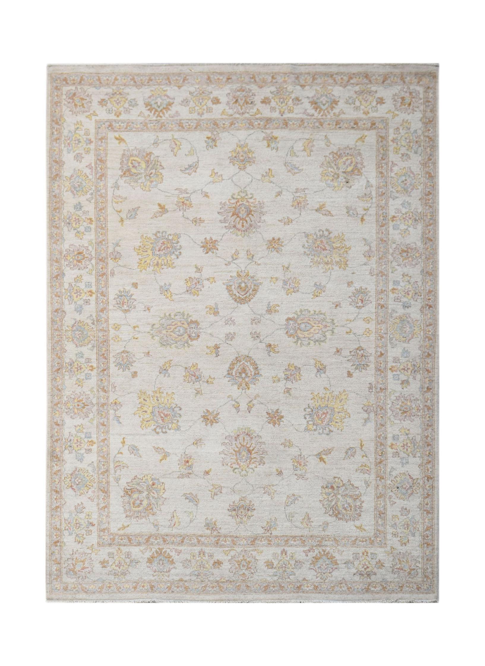 An Afghan Chobi rug featuring a traditional floral pattern in soft, earthy tones on a cream field.