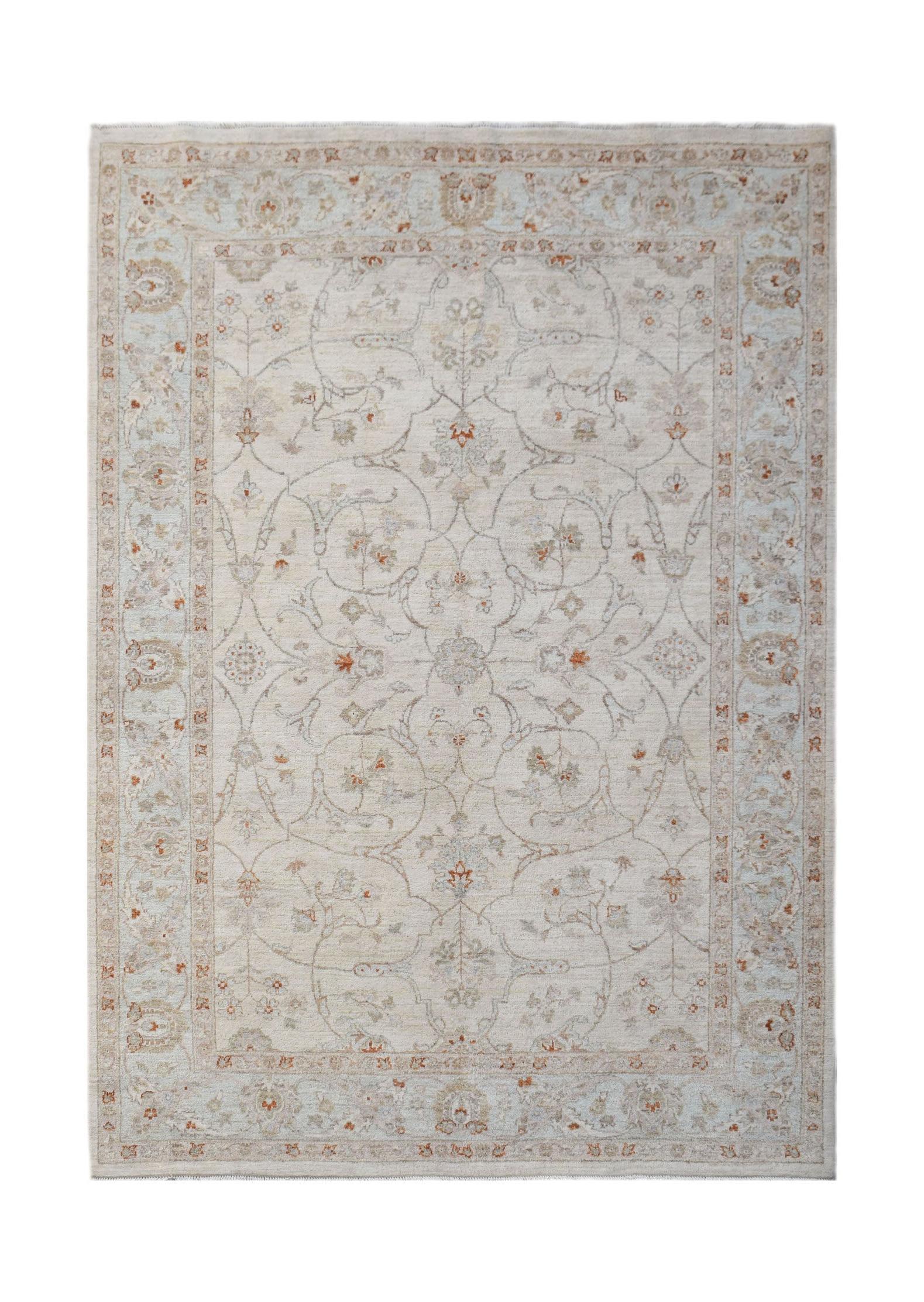 An Afghan Chobi rug featuring a traditional floral pattern in soft beige and muted earth tones.