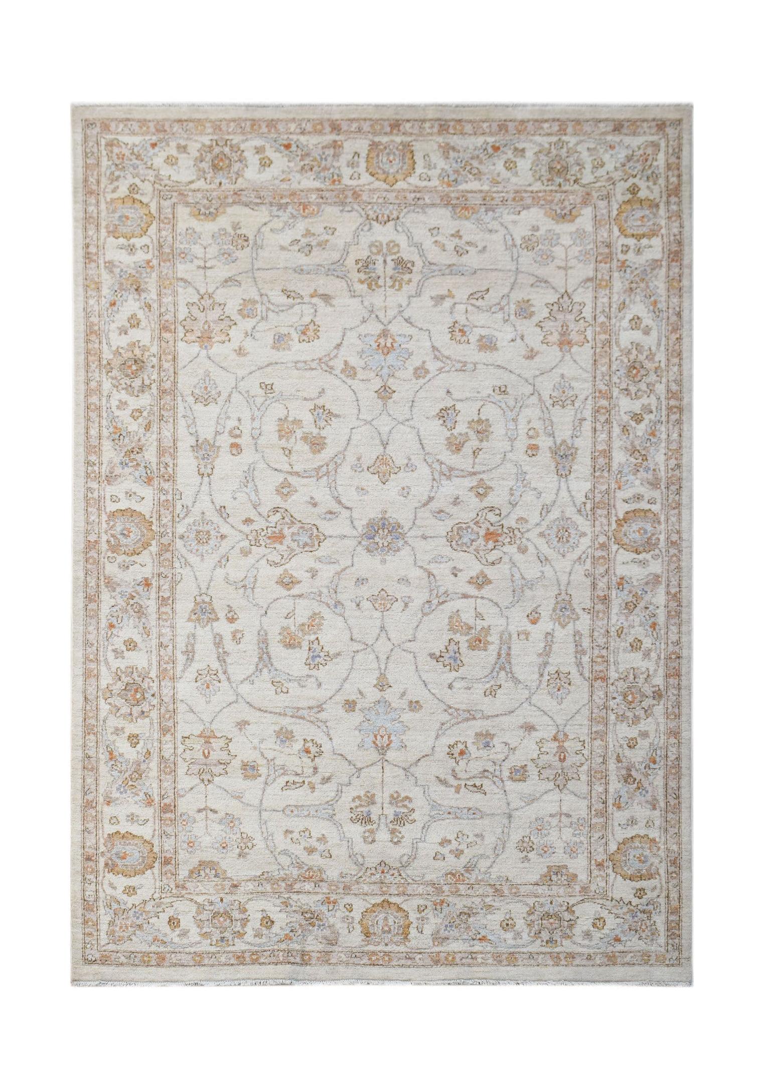 A rectangular Afghan Chobi rug featuring a traditional floral pattern in soft, earthy tones.