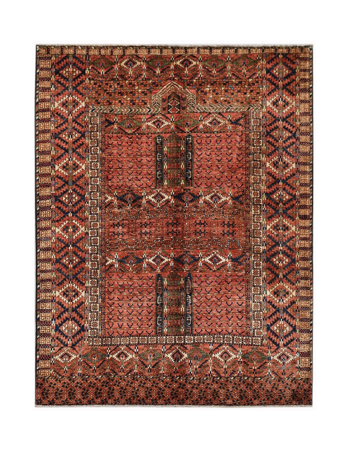 Handwoven Afghan Chobi rug featuring a traditional geometric pattern in warm earthy tones.