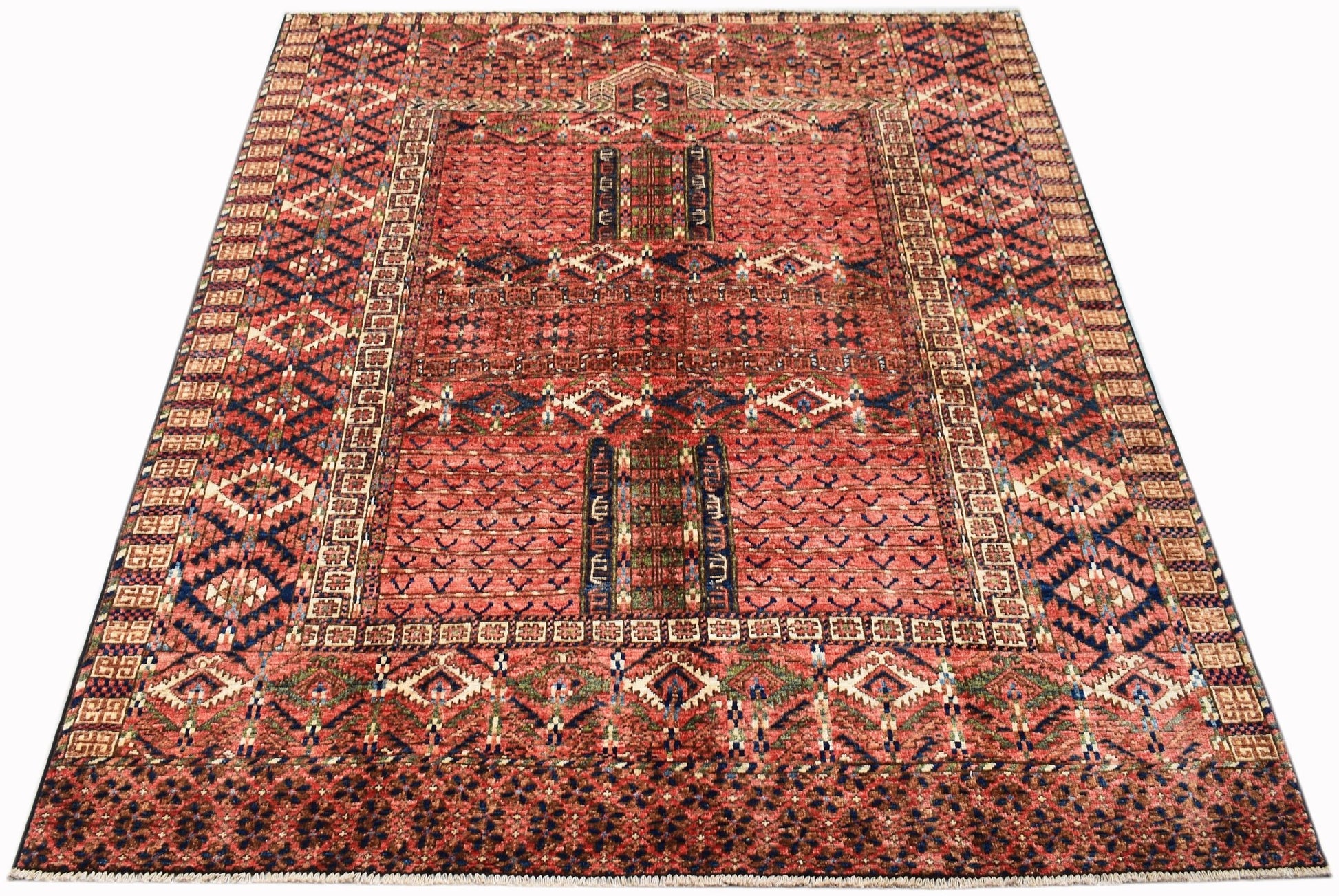 A rectangular Afghan Chobi rug featuring a traditional geometric pattern in shades of red and blue.